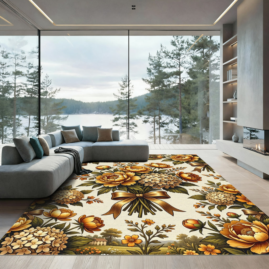 Golden Peony Bouquet with Ribbon Rug