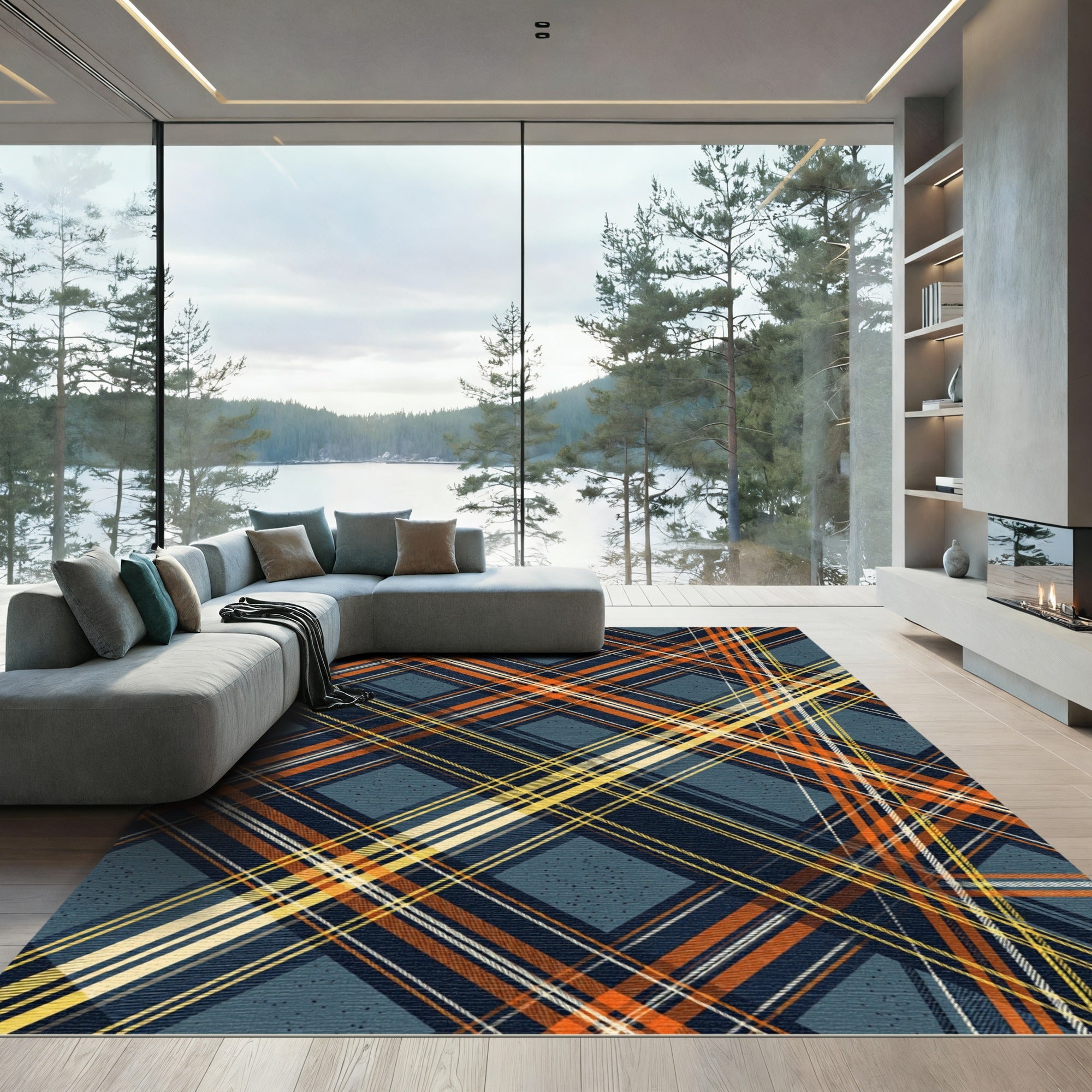 Contemporary Navy and Orange Plaid Grid Rug