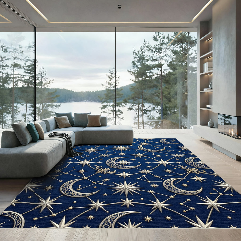 Celestial Navy Blue Golden Moon Star Rug