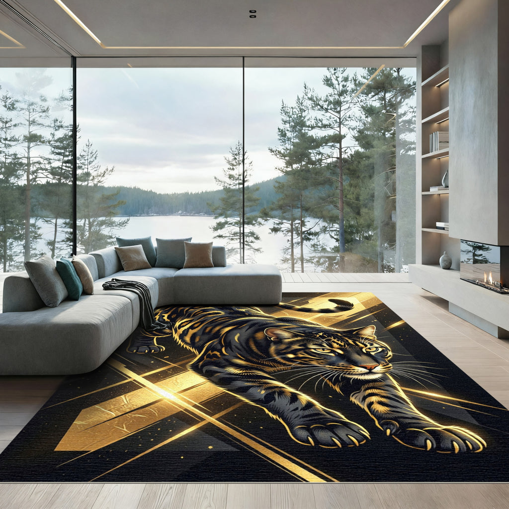 Golden Black Abstract Prowling Tiger Rug