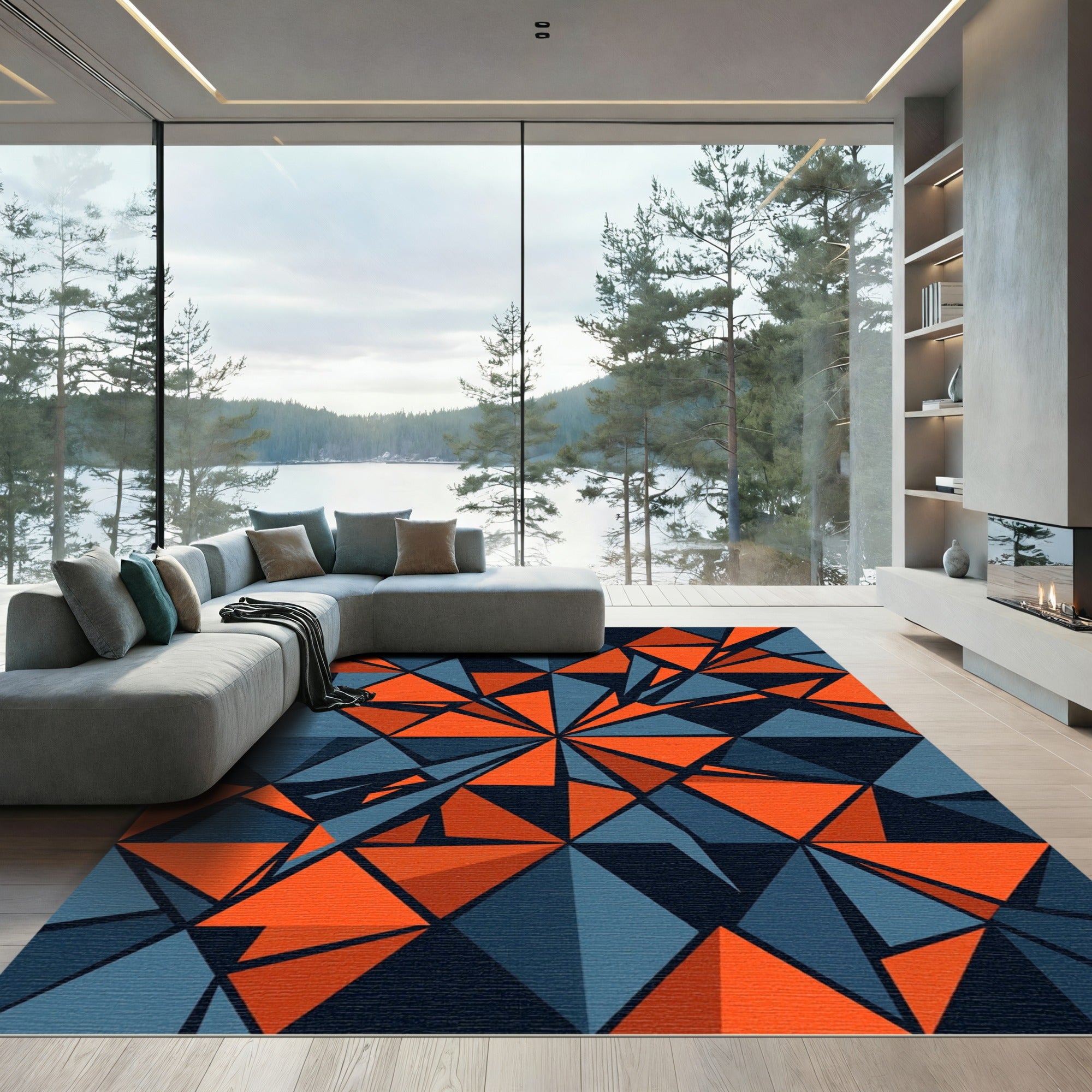 Geometric Orange Blue Abstract Shattered Rug