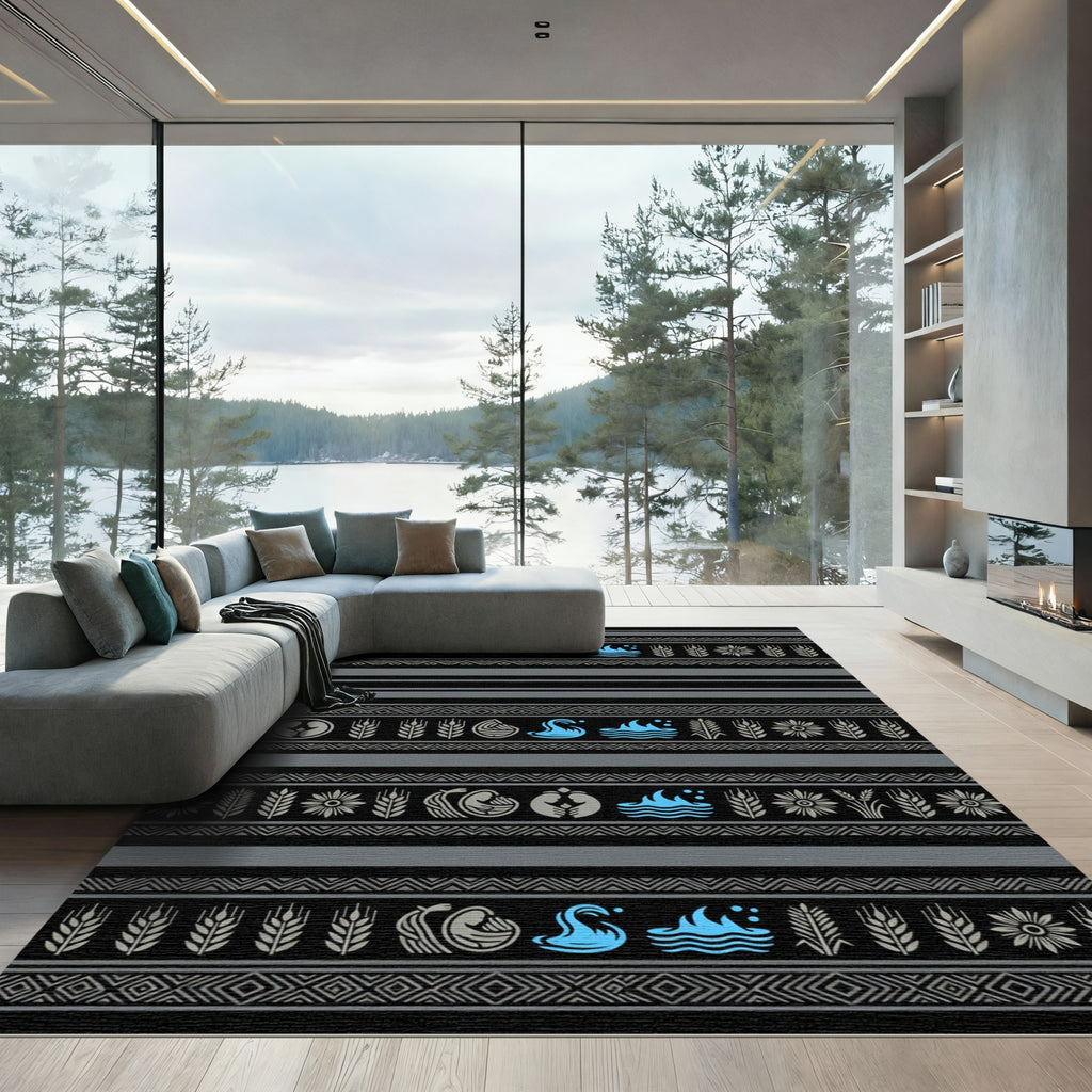 Tribal Black Wheat Flower Water Medallions Rug
