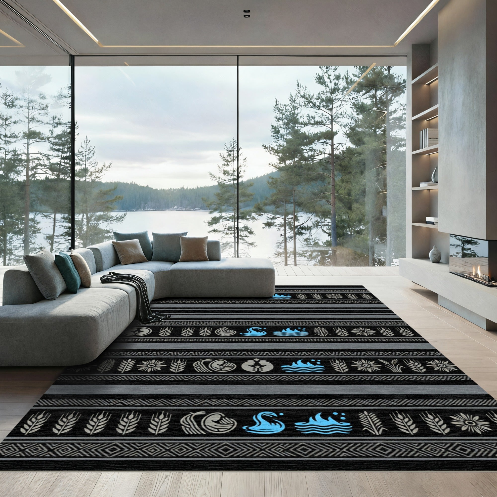 Tribal Black Wheat Flower Water Medallions Rug