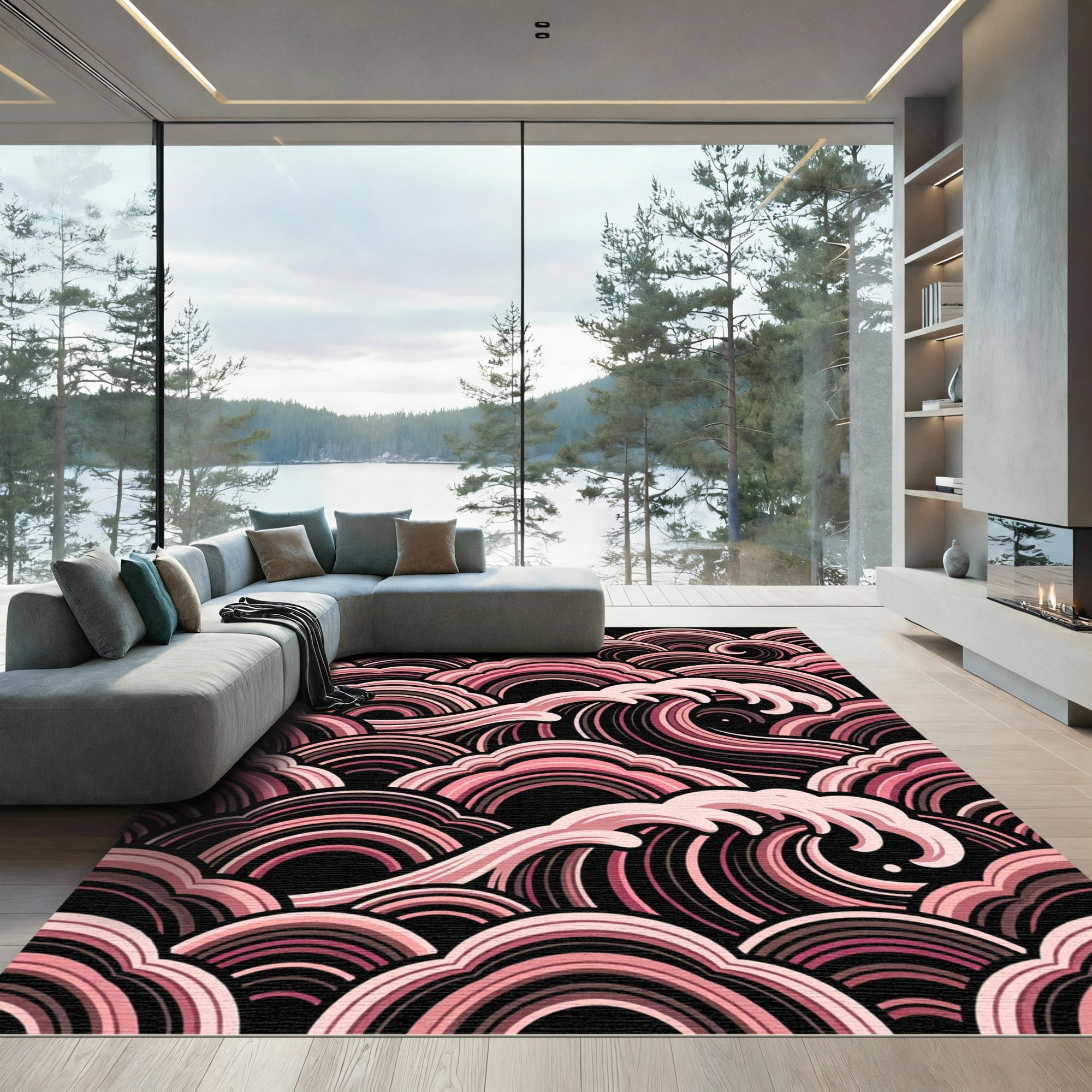 Blush Pink Japanese Wave Art Rug