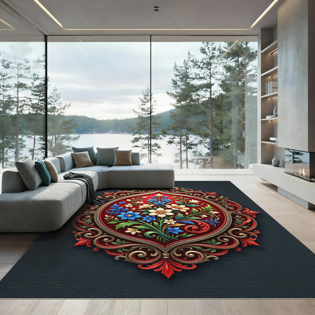 Elegant Crimson Floral Medallion Medley Rug