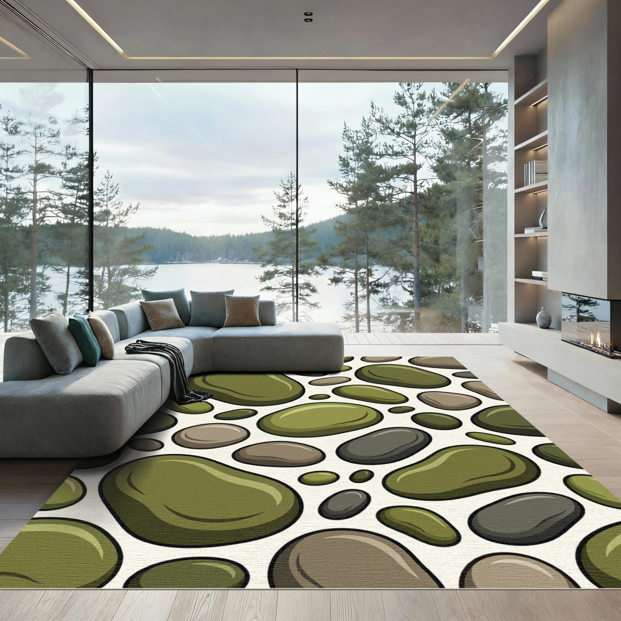 Green Brown Smooth Pebble Arrangement Rug