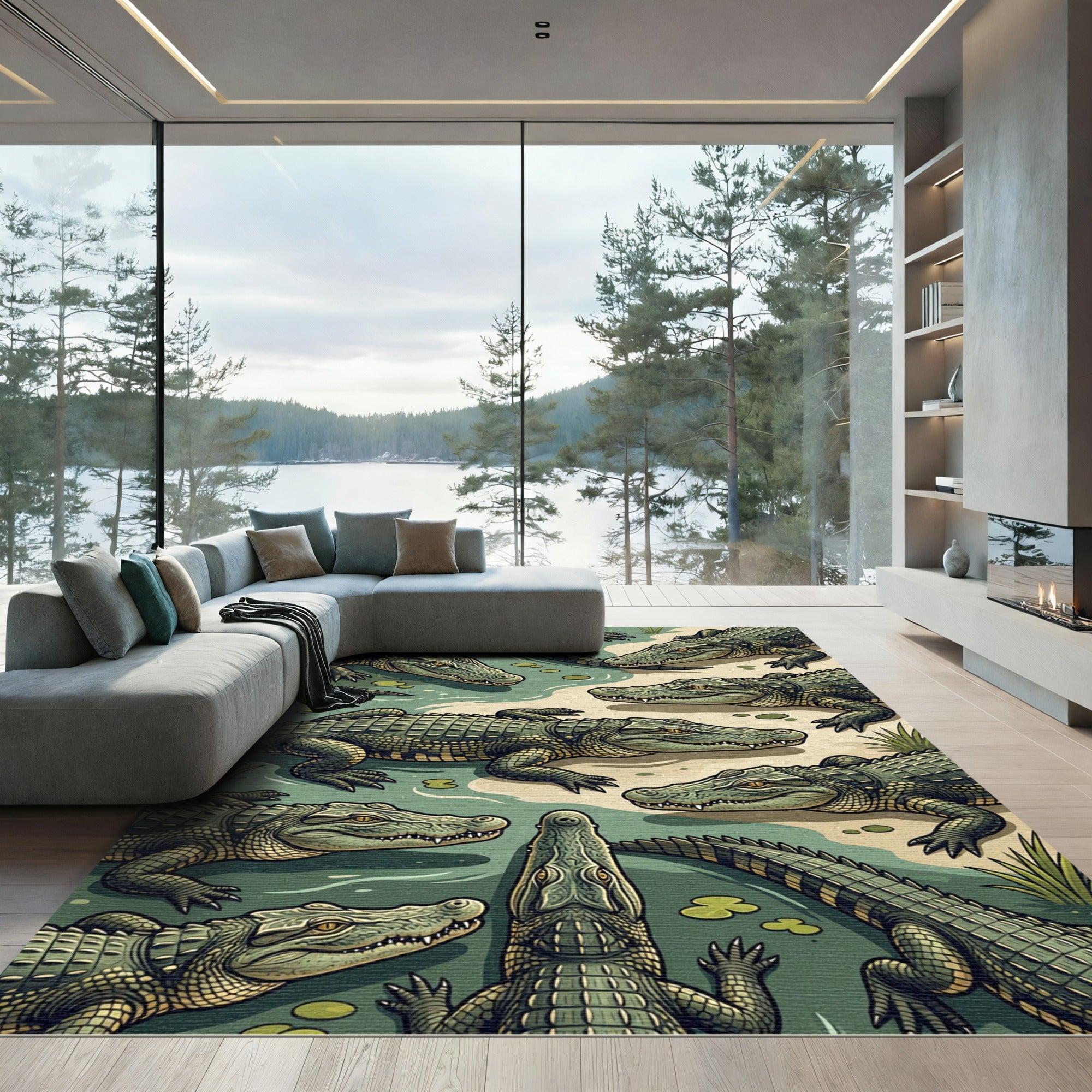 Swamp Green Alligator Wildlife Illustration Rug