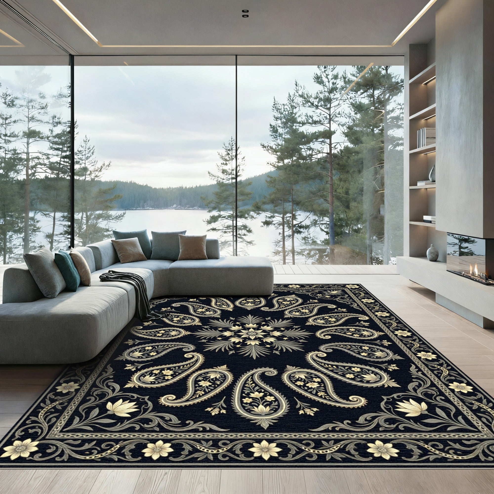 Classic Black Paisley Floral Border Rug