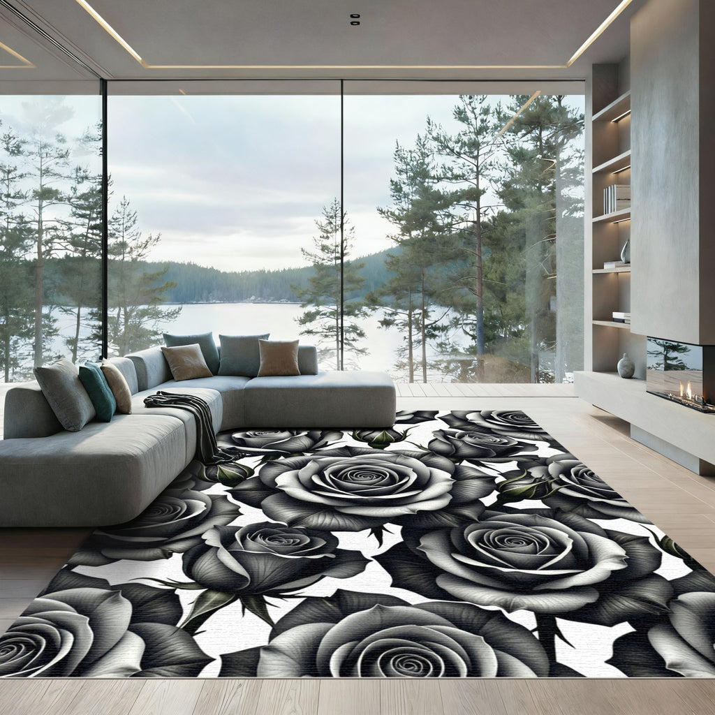 Monochromatic Charcoal Rose Garden Rug