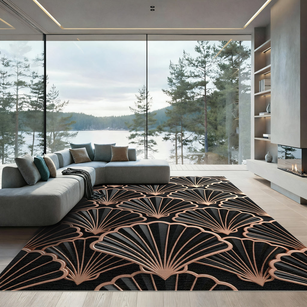 Black Fan Art Deco Relief Rug