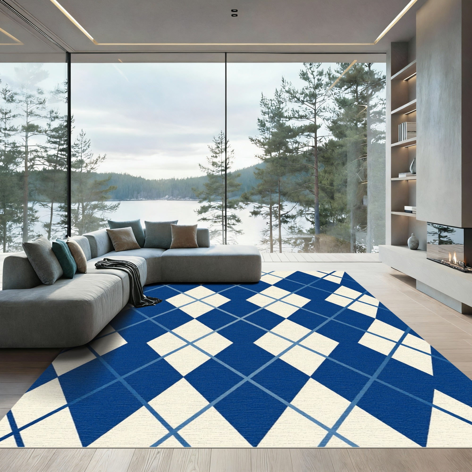 Navy Blue Contemporary Argyle Geometric Rug