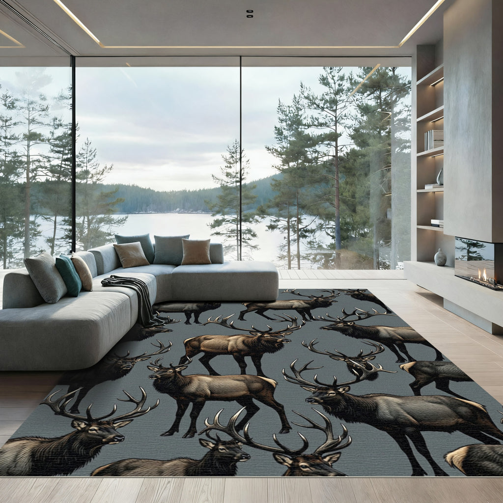 Majestic Elk Herd Wildlife Scene Rug