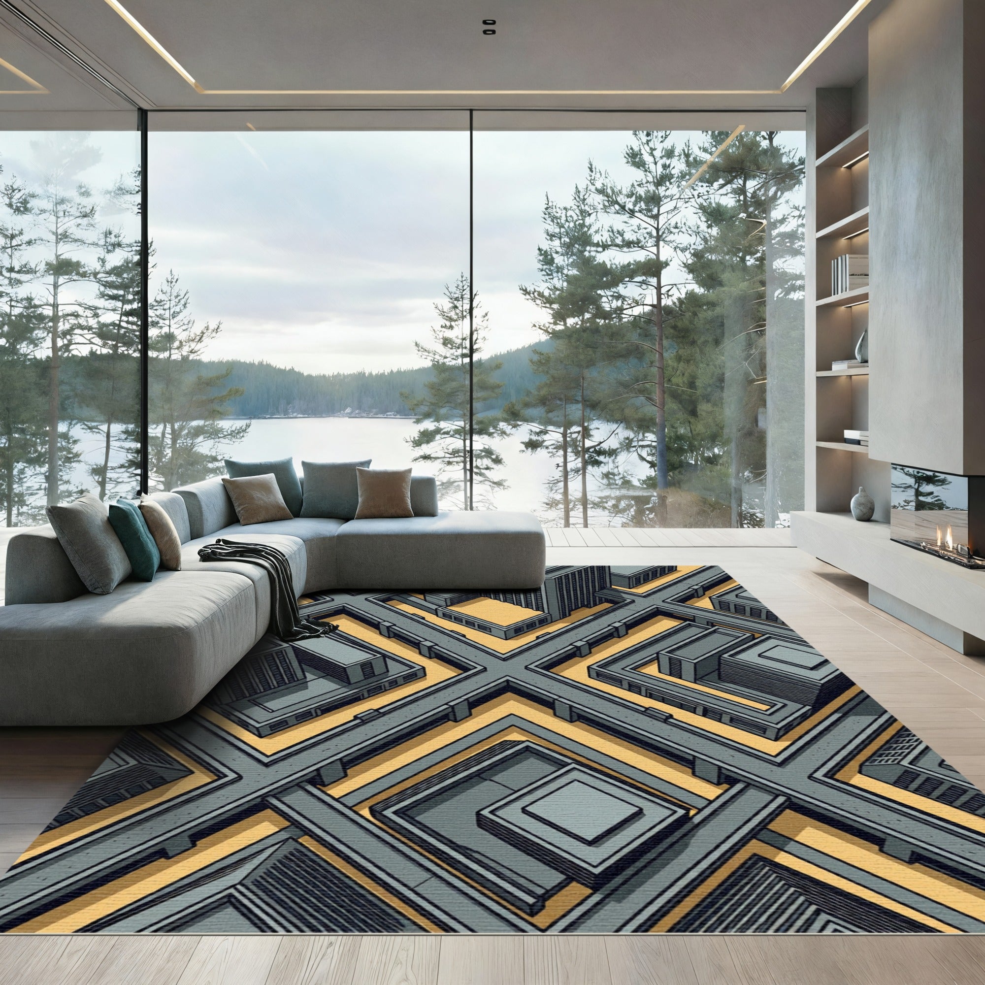 Isometric Gray Futuristic Urban Street Grid Rug