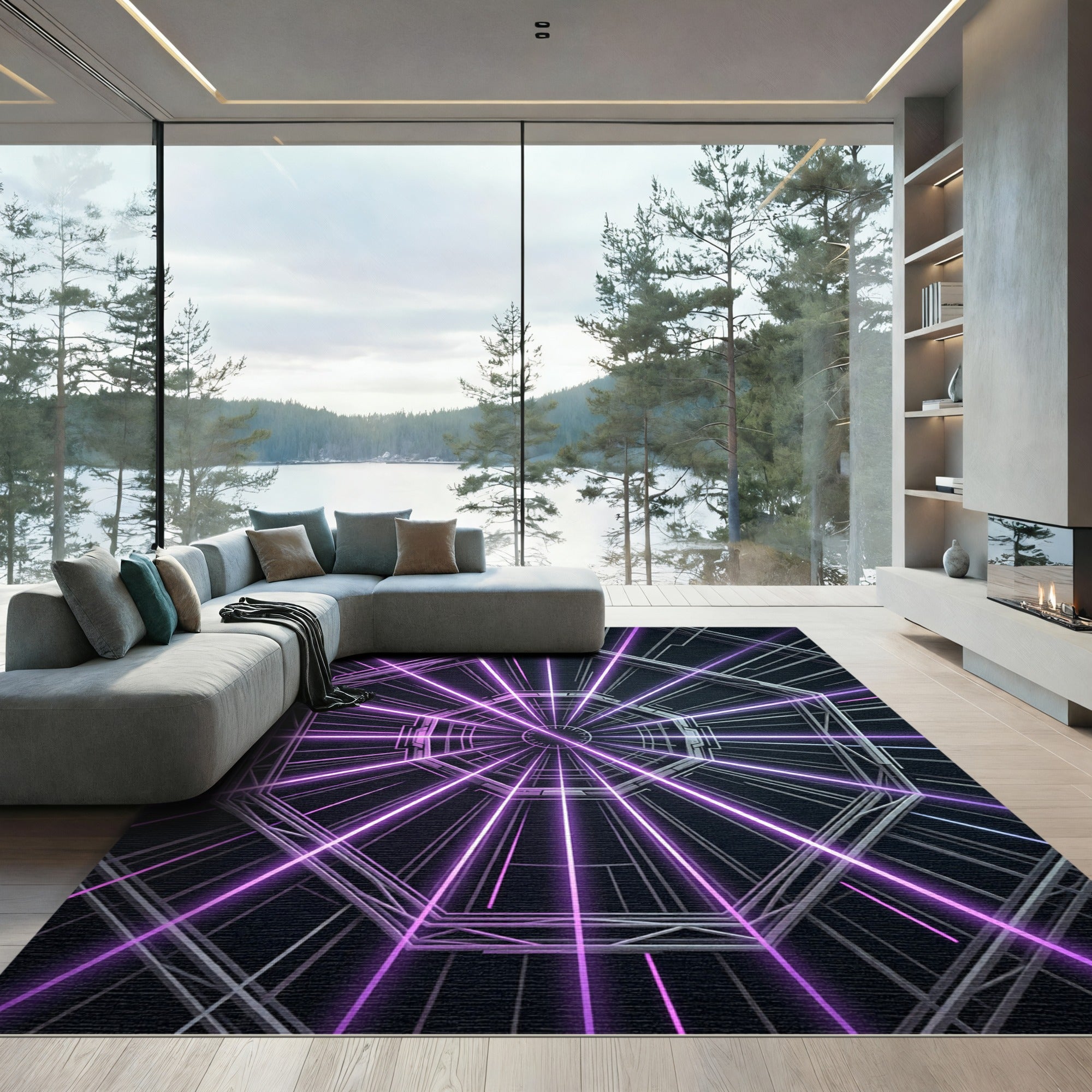 Neon Purple Geometric Cyber Tunnel Rug