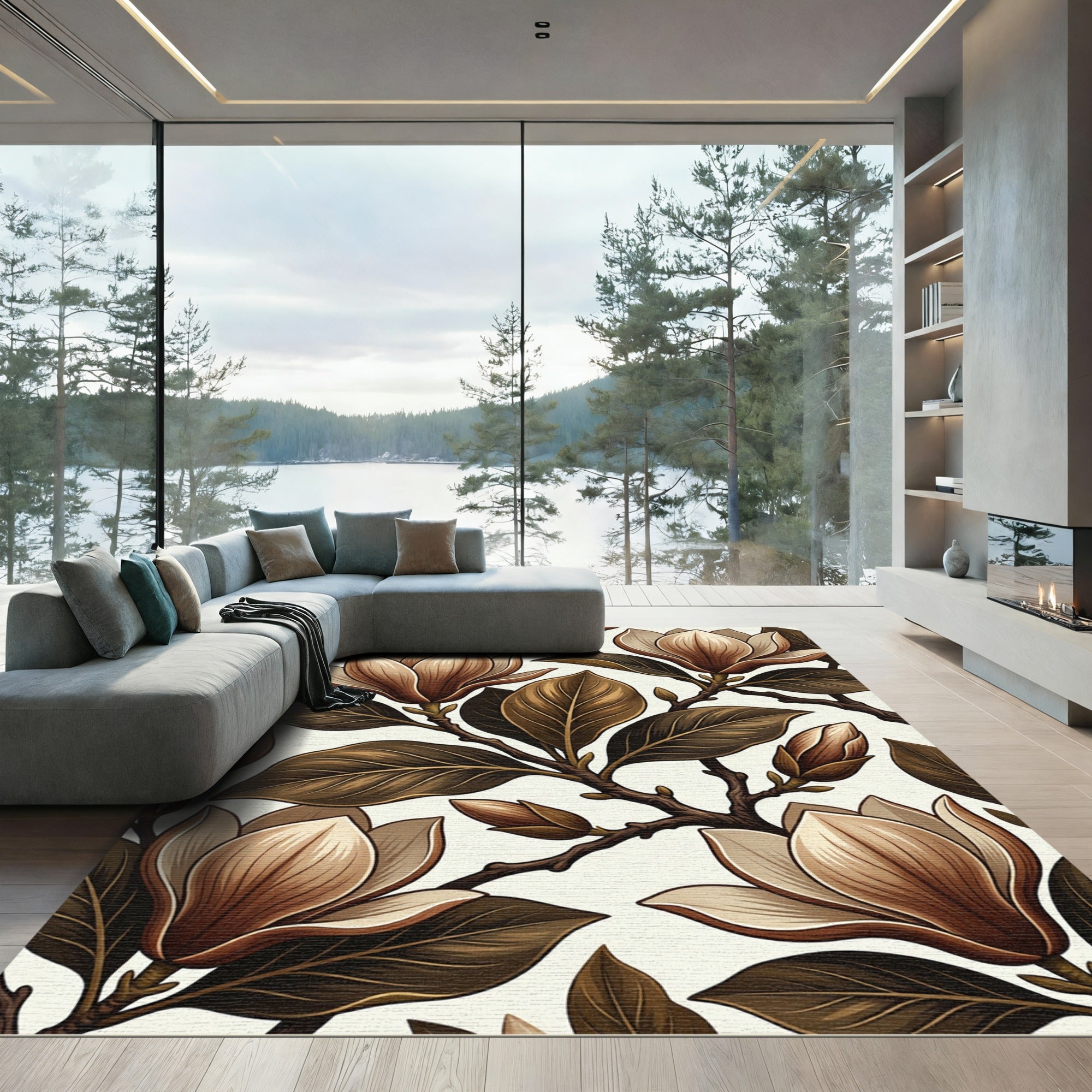 Earthy Brown Magnolia Blossom Botanical Render Rug