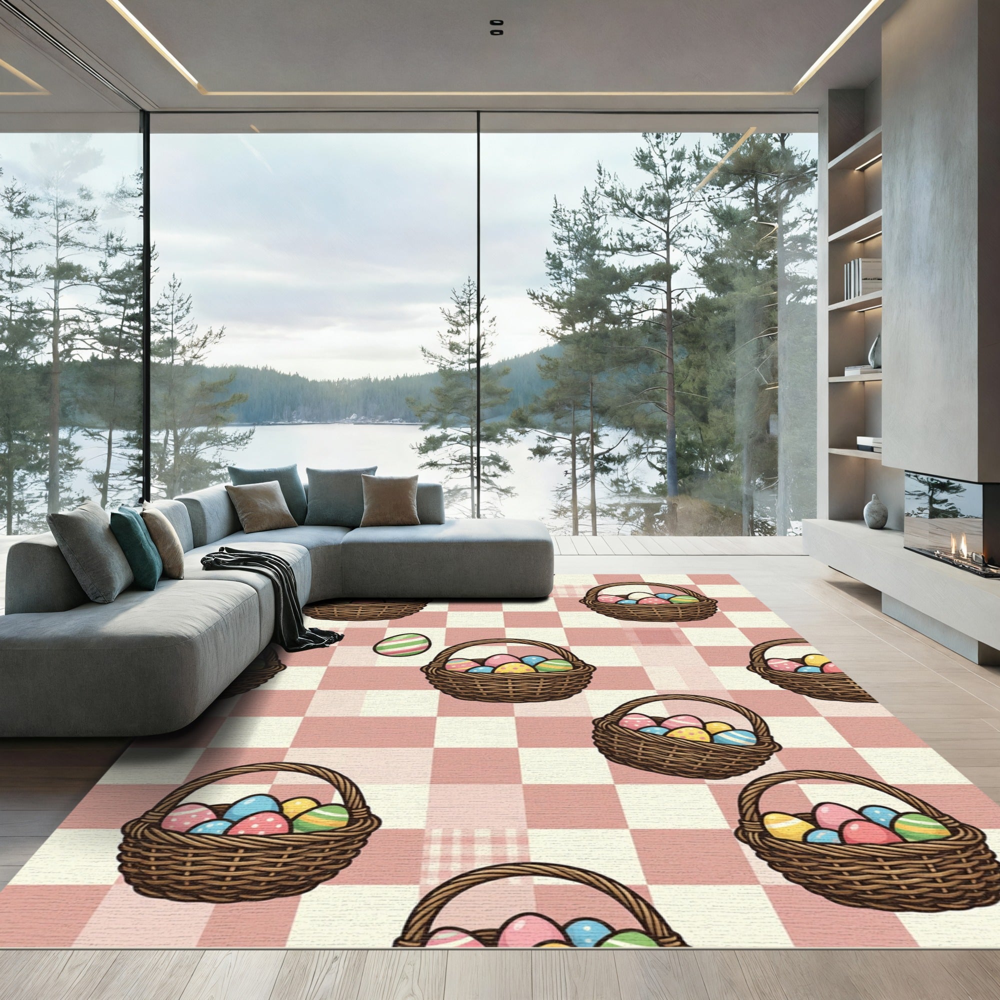 Pastel Easter Egg Picnic Checkered Grid Rug