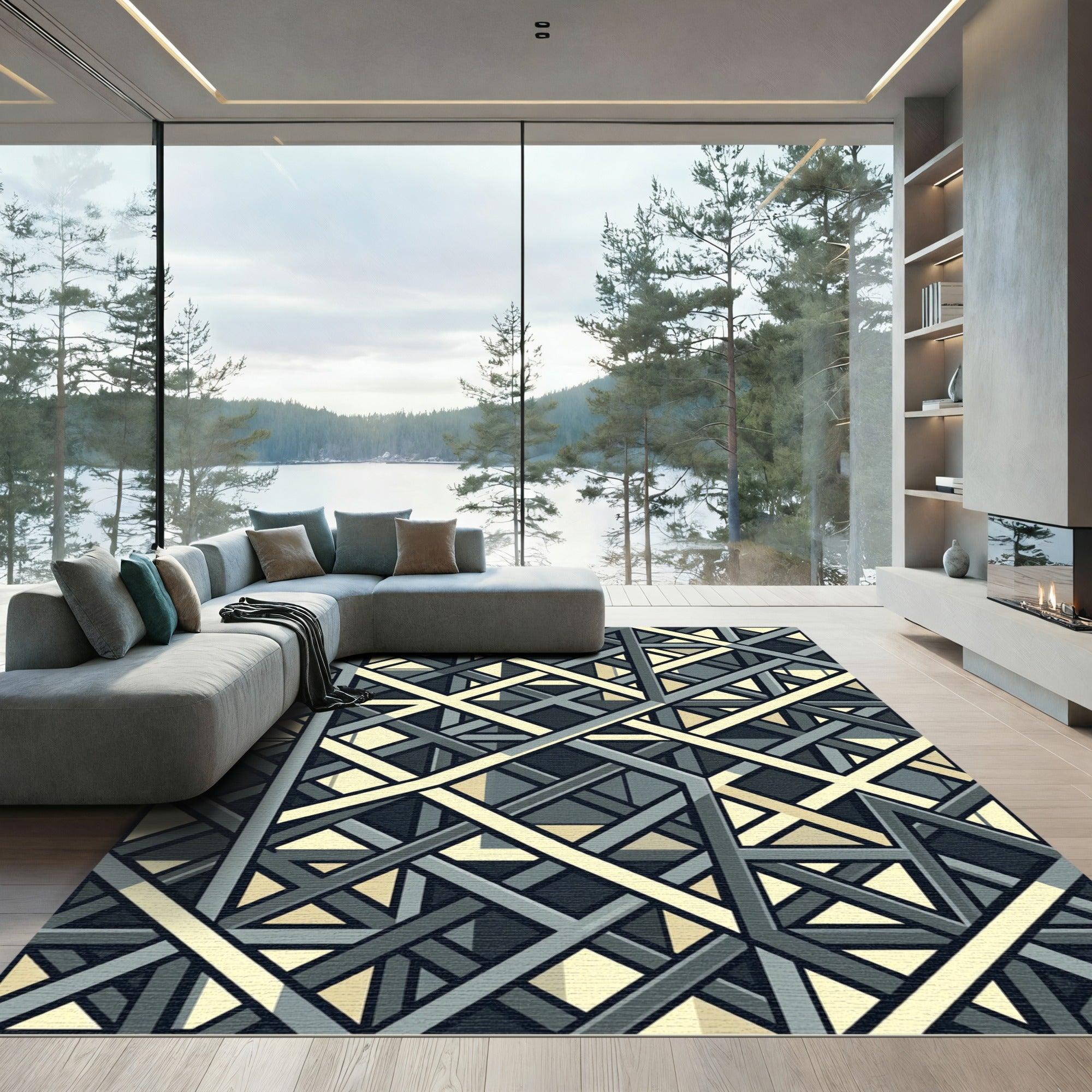 Gray Cream Intersecting Geometric Lines Rug