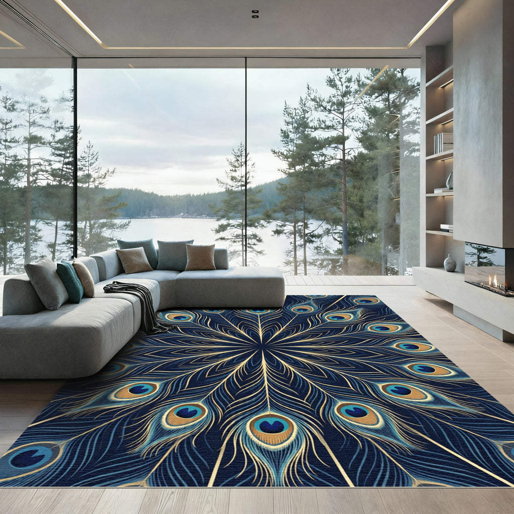 Peacock Feather Circular Navy Gold Art Rug