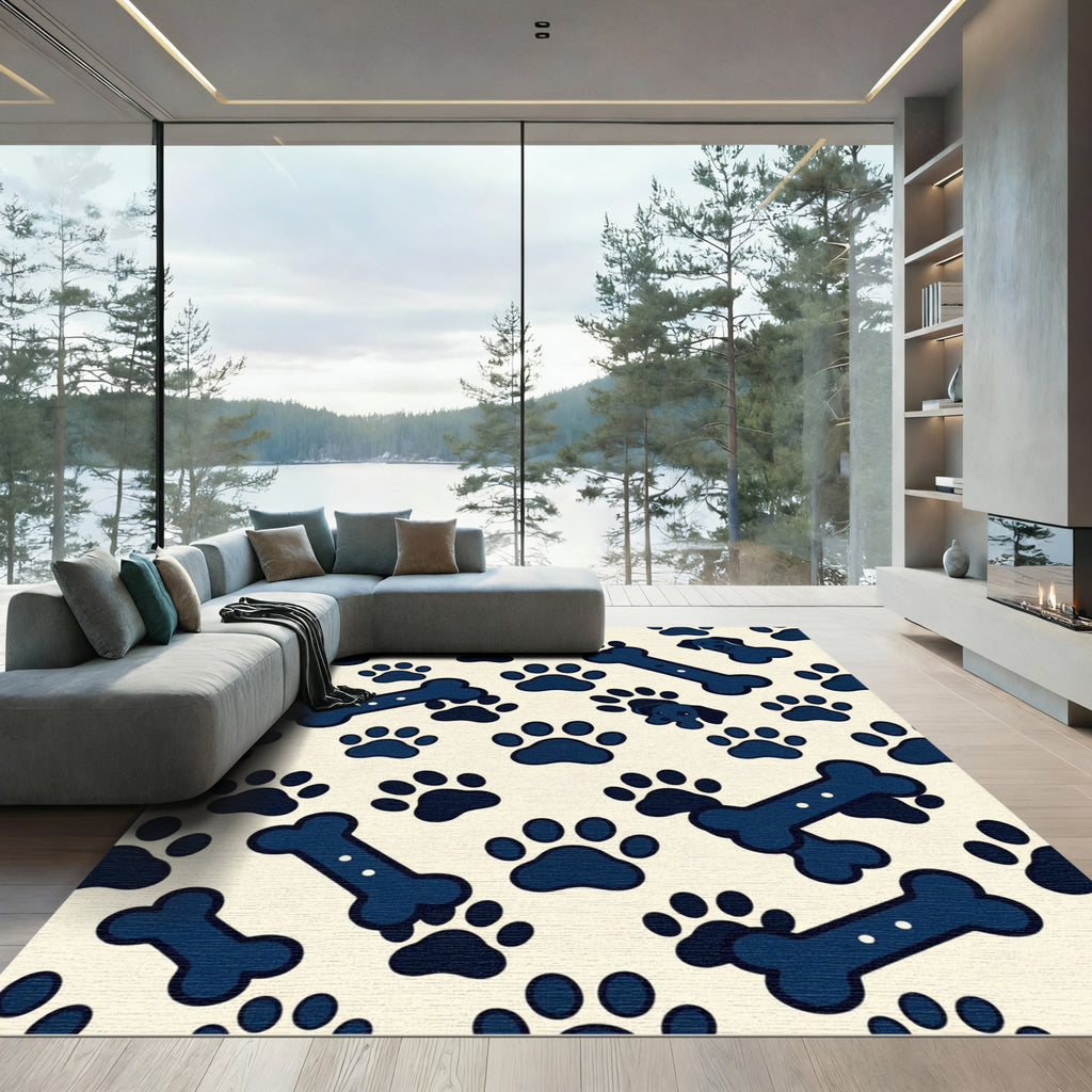 Playful Navy Dog Paw Bone Illustration Rug
