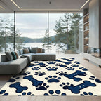 Playful Navy Dog Paw Bone Illustration Rug