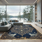 Celestial Feline Mandala Navy Gold Rug