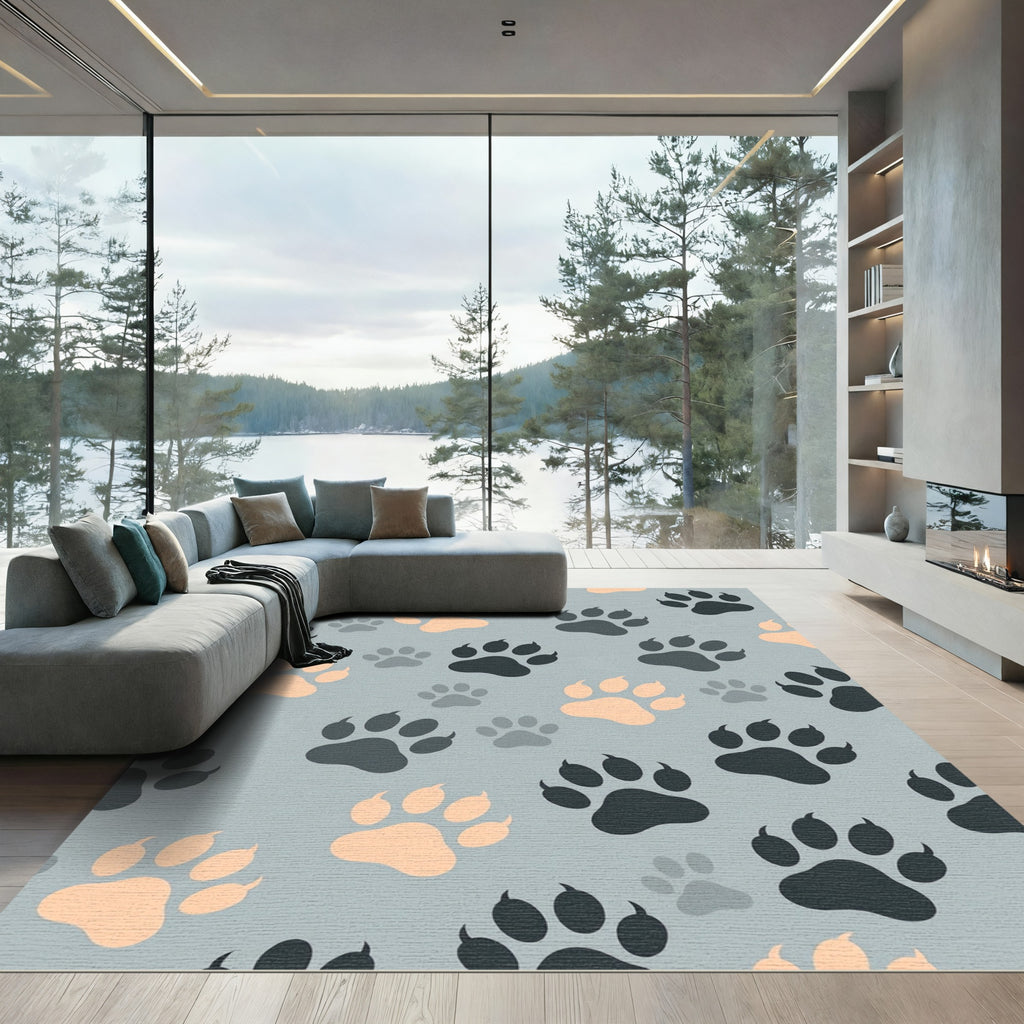 Playful Slate and Peach Paw Impression Rug