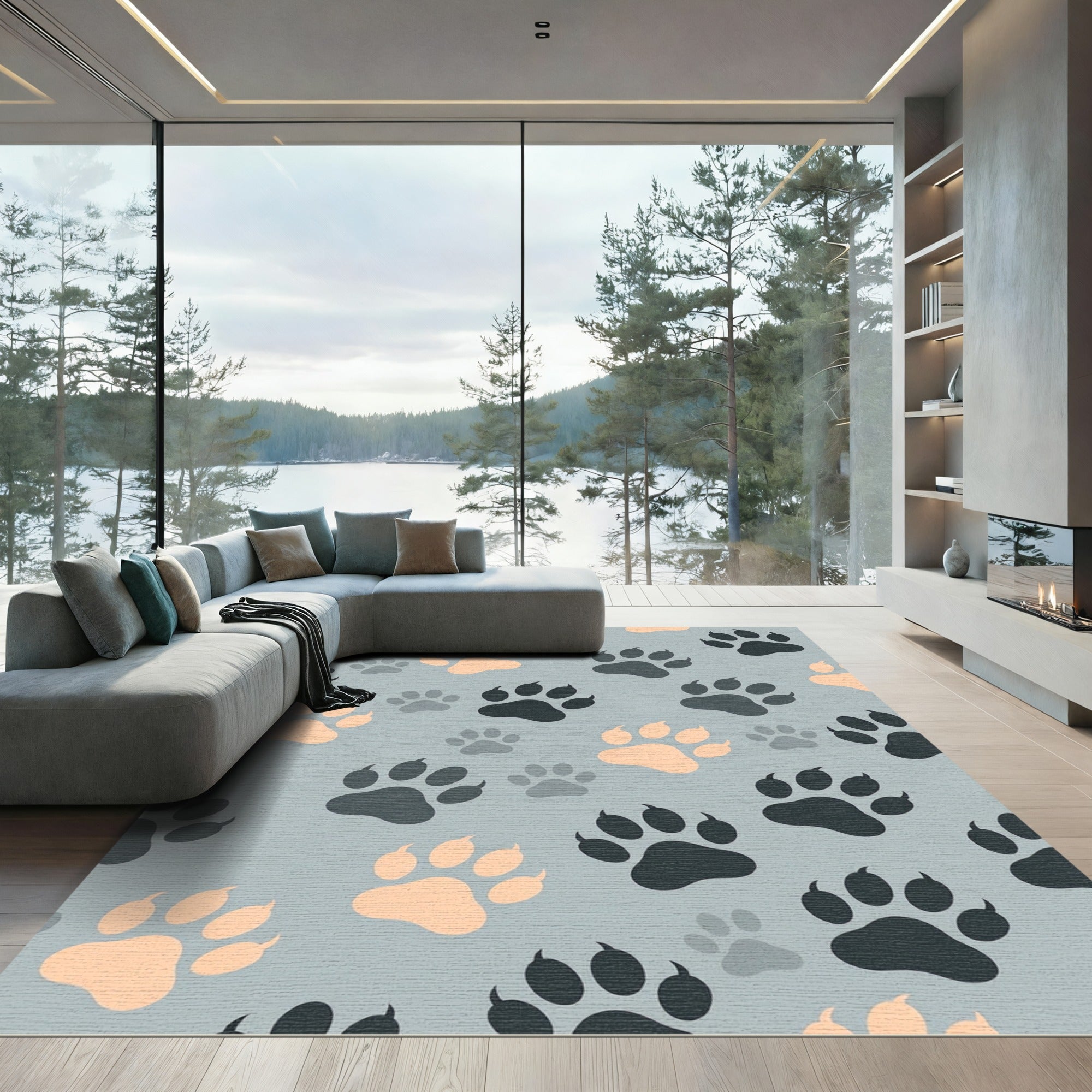 Playful Slate and Peach Paw Impression Rug