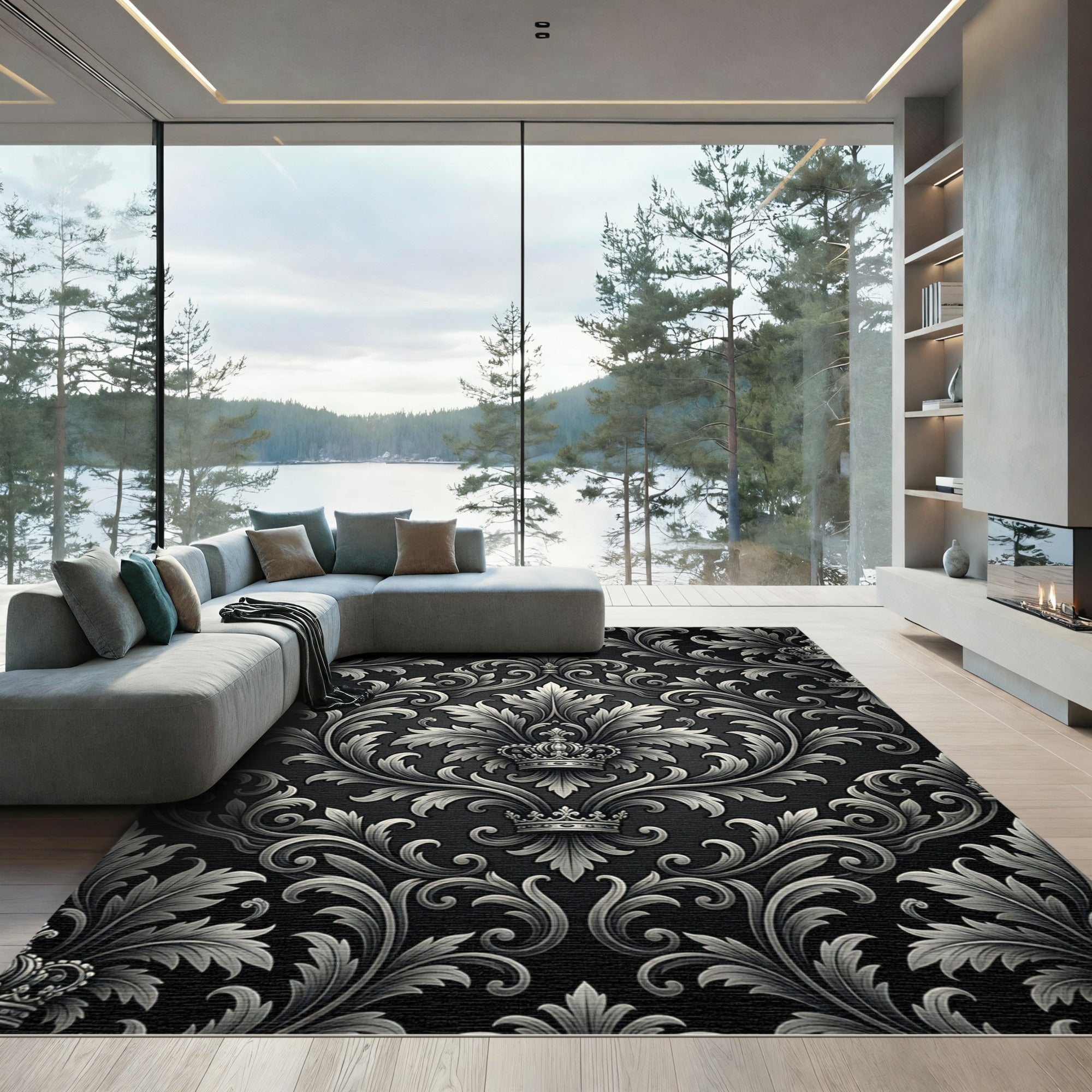 Ornate Black Silver Crown Damask Rug