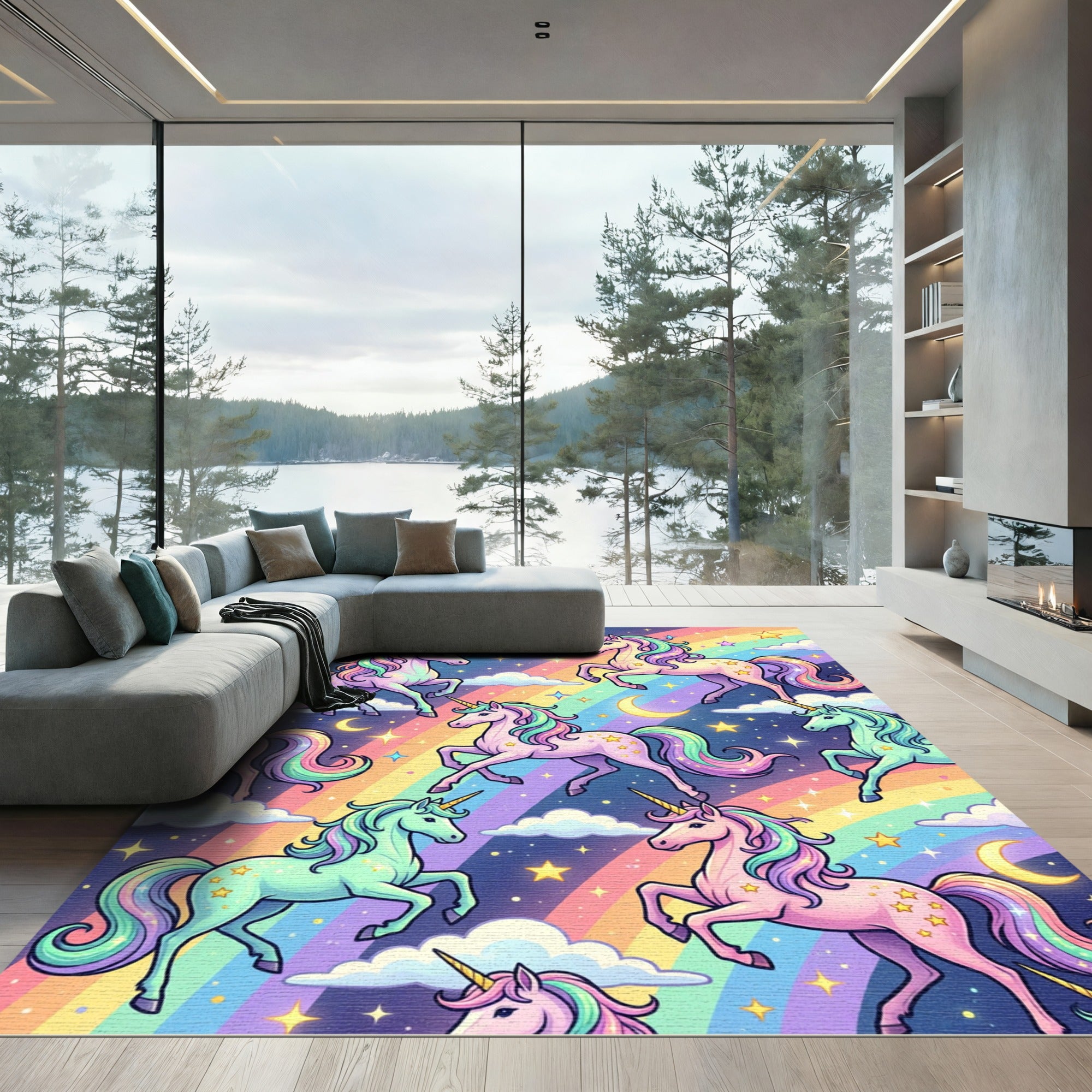 Magical Unicorn Rainbow Starry Night Rug