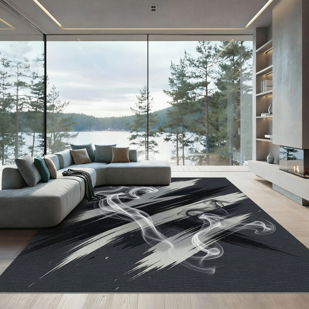 Monochrome Abstract Smoke Wave Rug