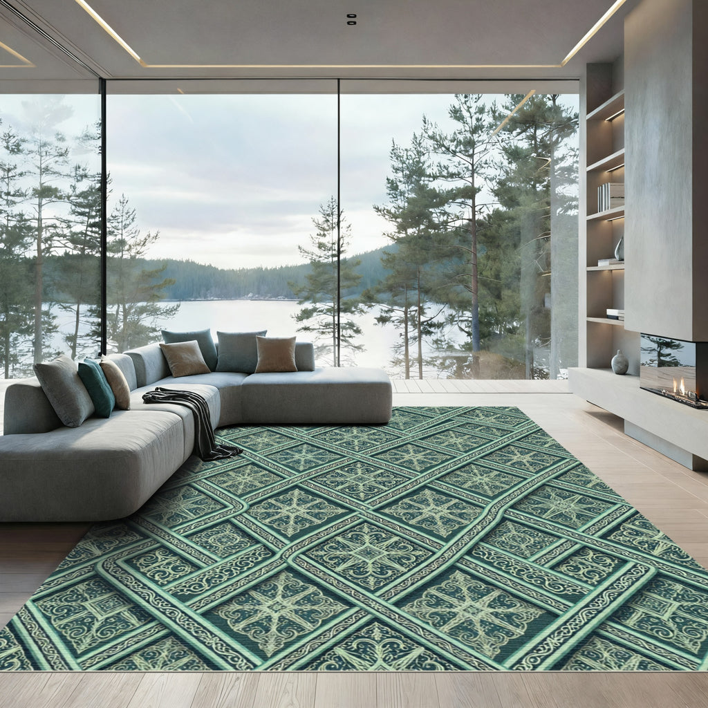 Emerald Sage Interlocking Lattice Damask Rug
