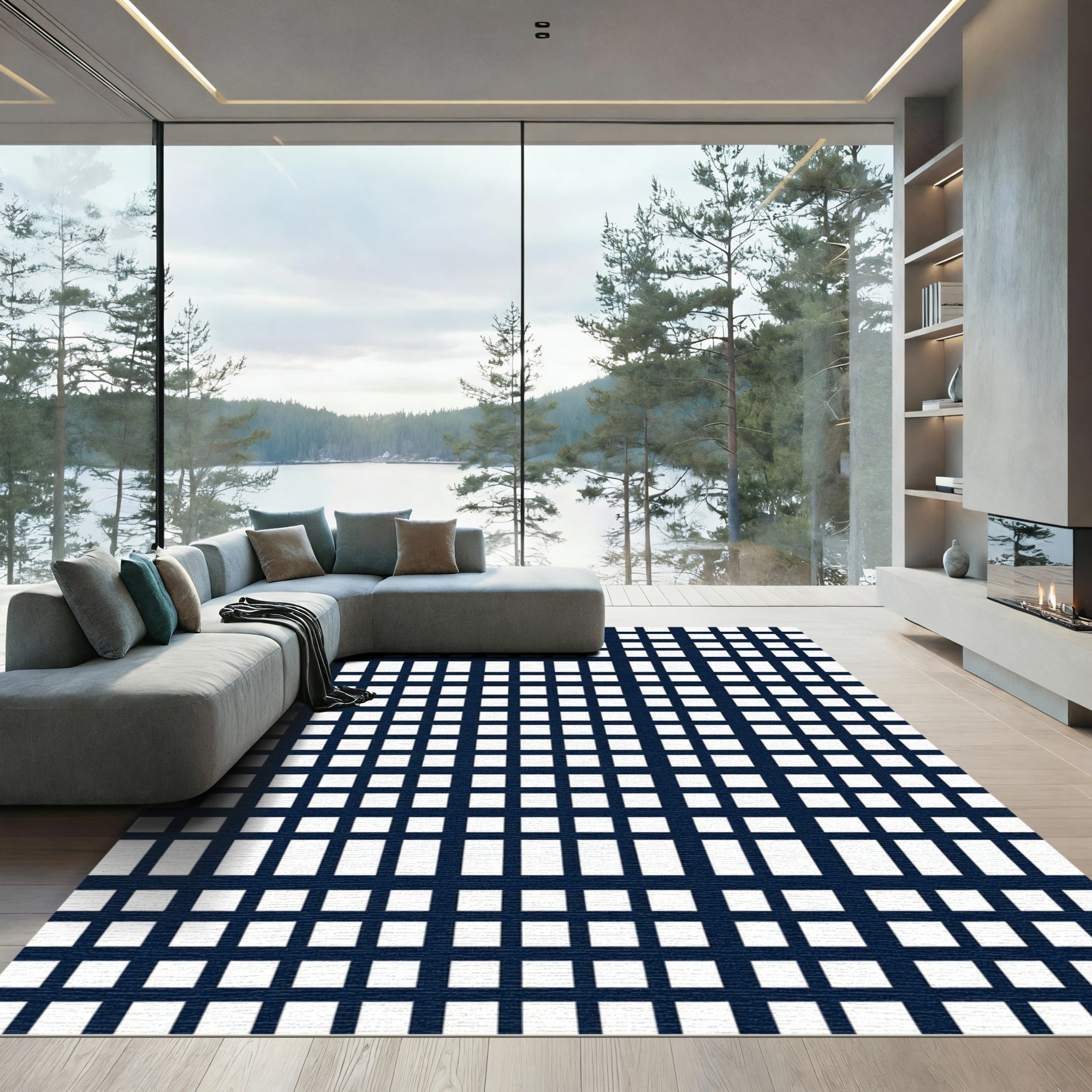 Navy Grid Geometric Graphic Tile Rug