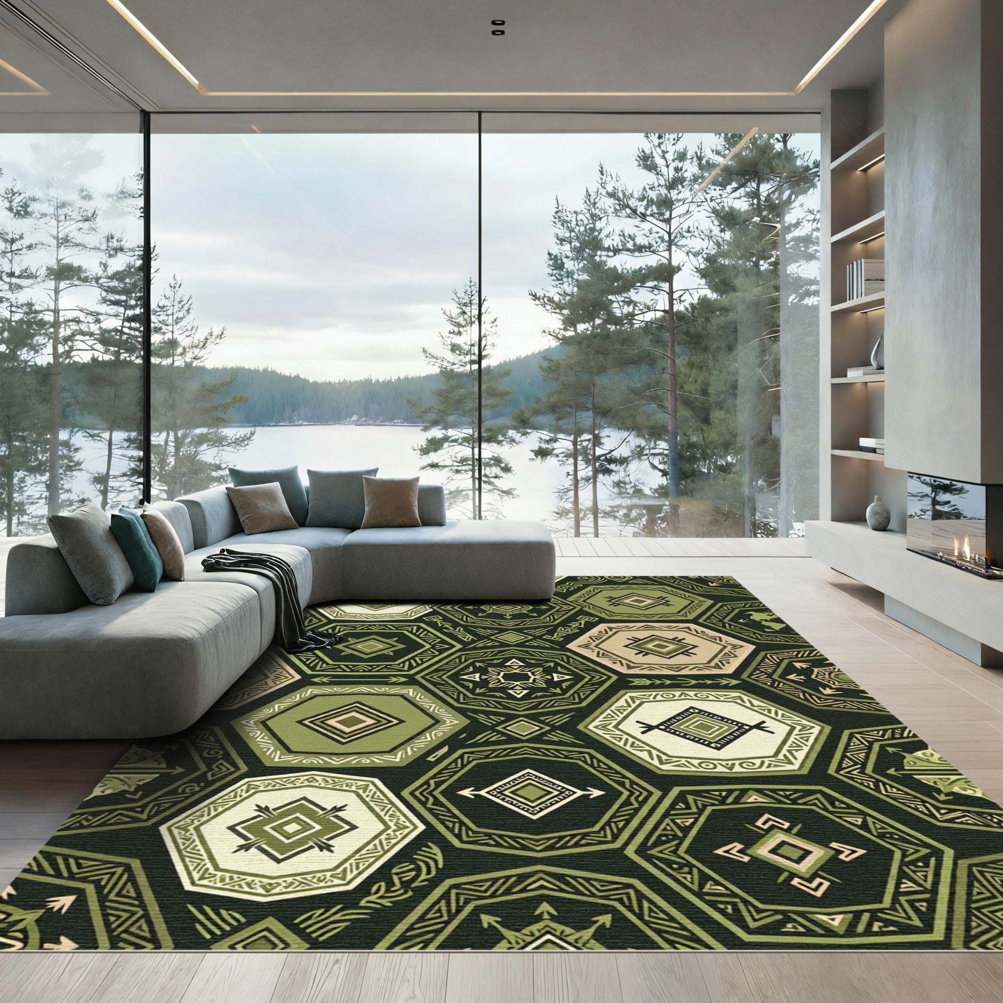 Sage Green Geometric Hexagon Tile Rug