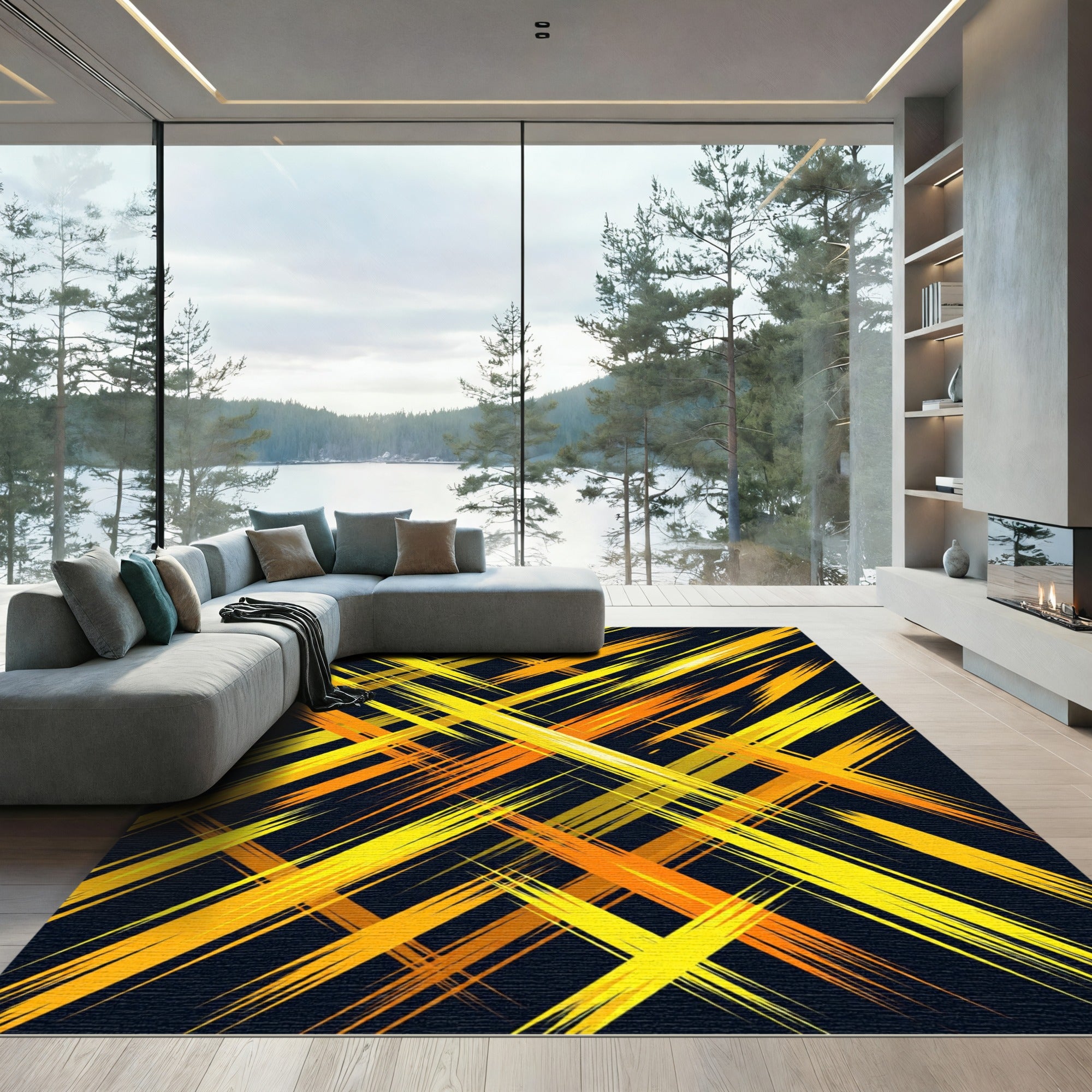 Golden Yellow Sharp Abstract Cross Rug
