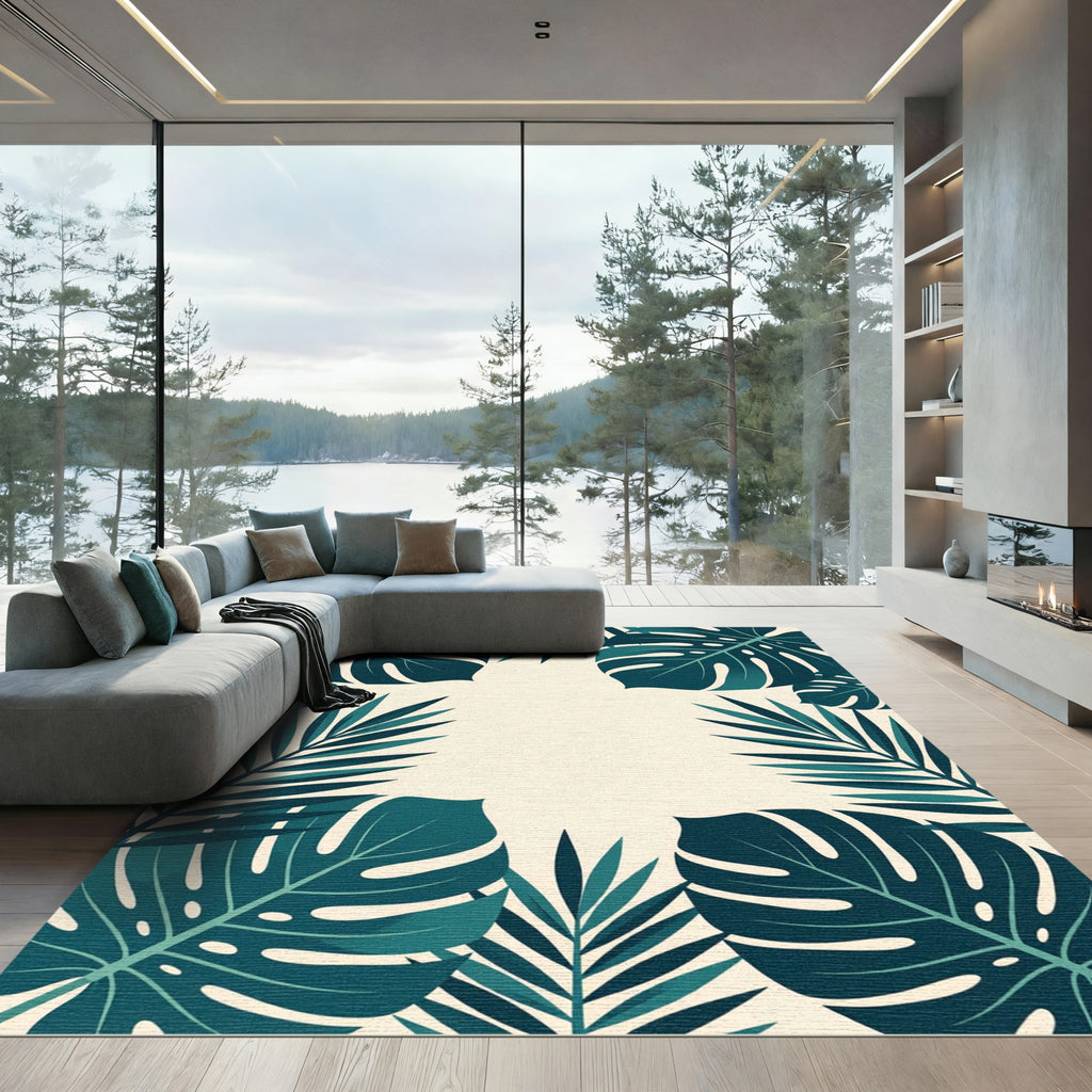 Lush Teal Botanical Tropical Foliage Rug