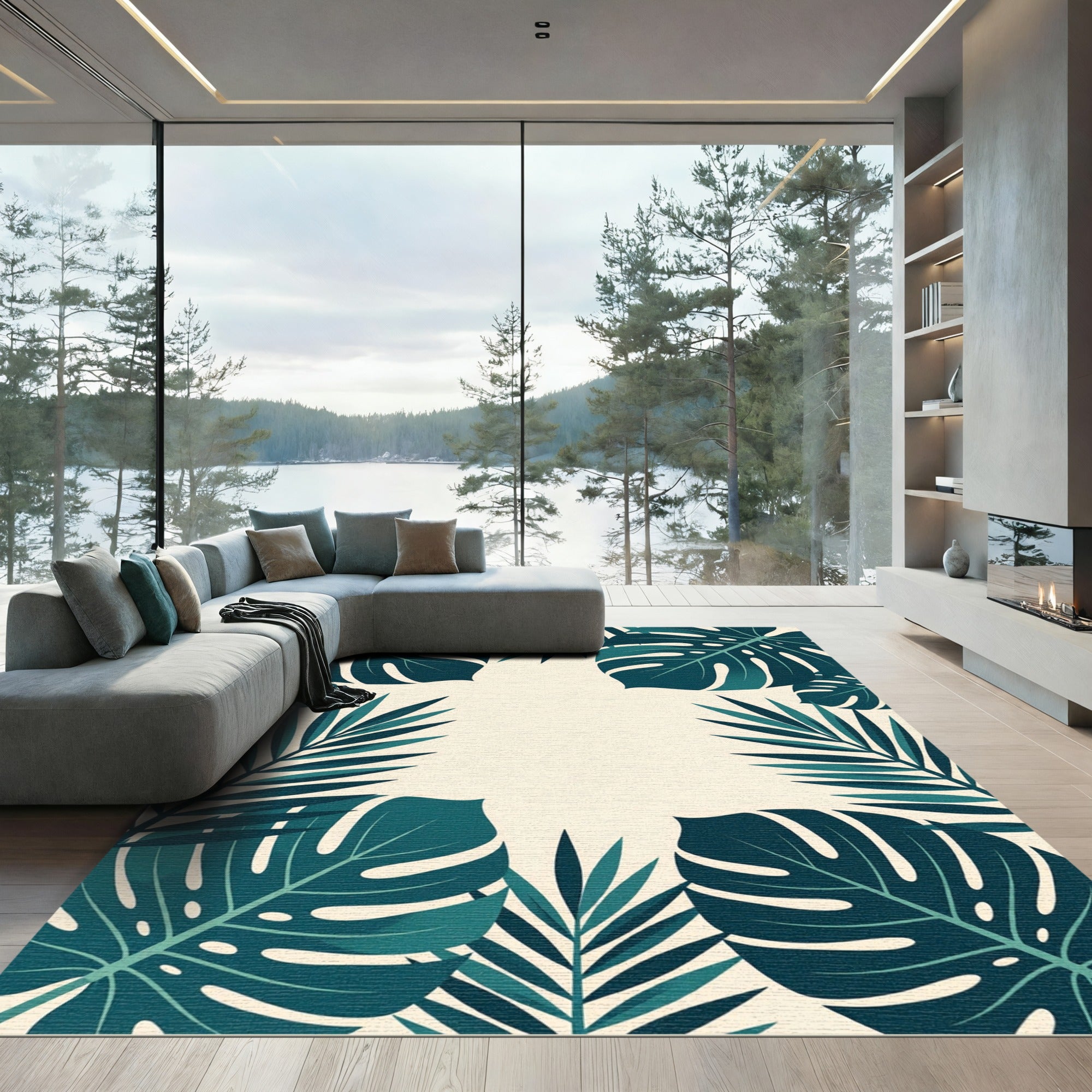 Lush Teal Botanical Tropical Foliage Rug