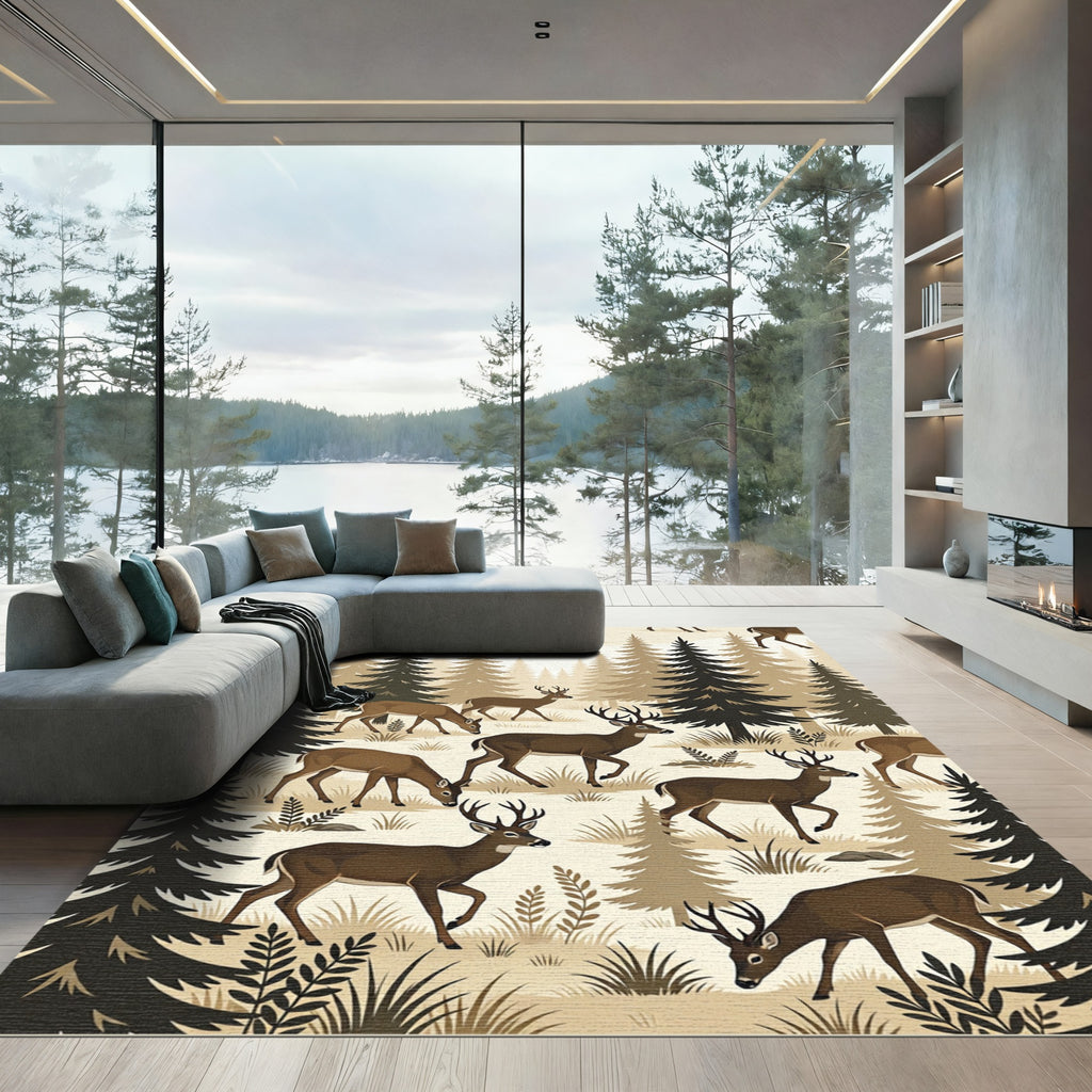 Earthy Forest Deer Woodland Scene Rug