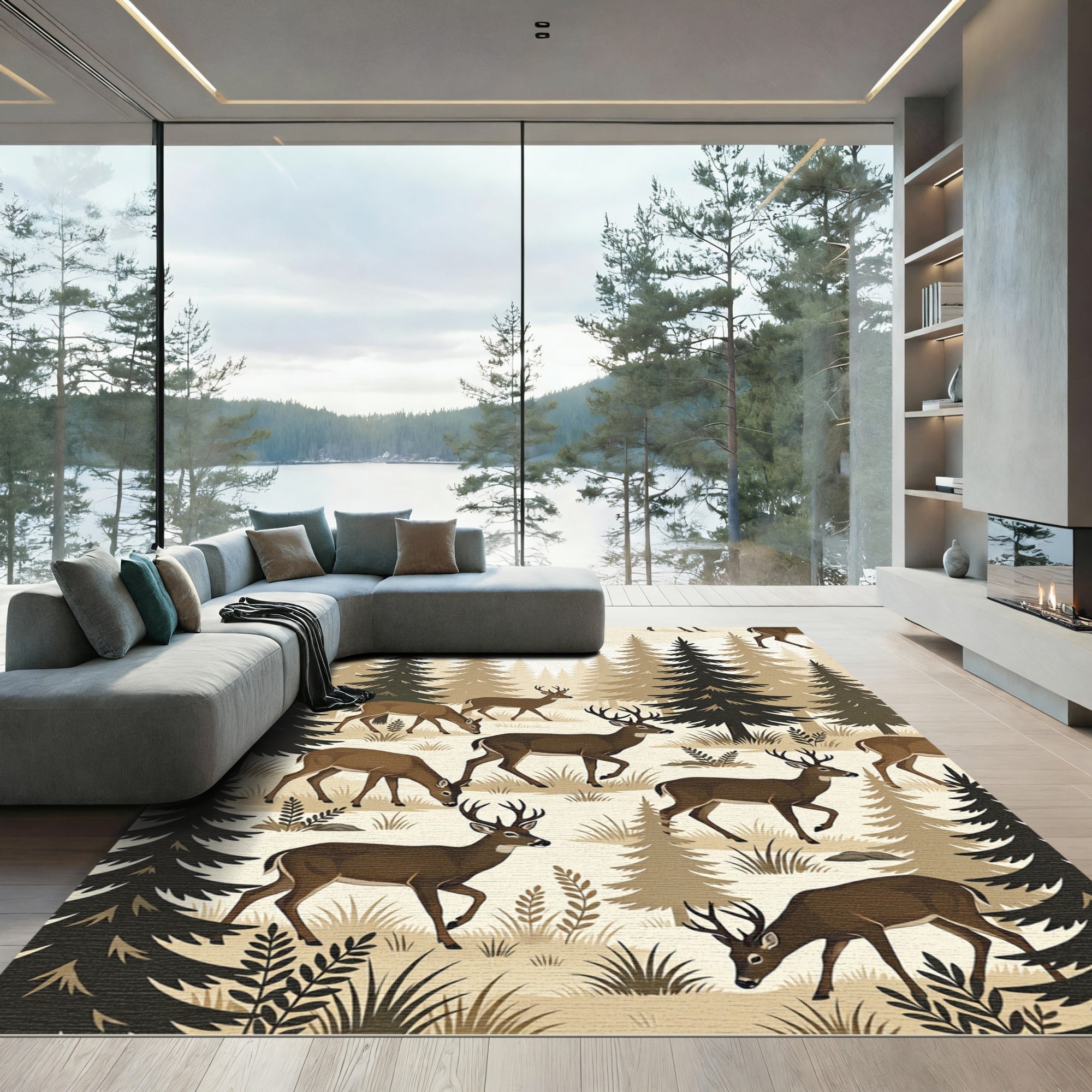 Earthy Forest Deer Woodland Scene Rug