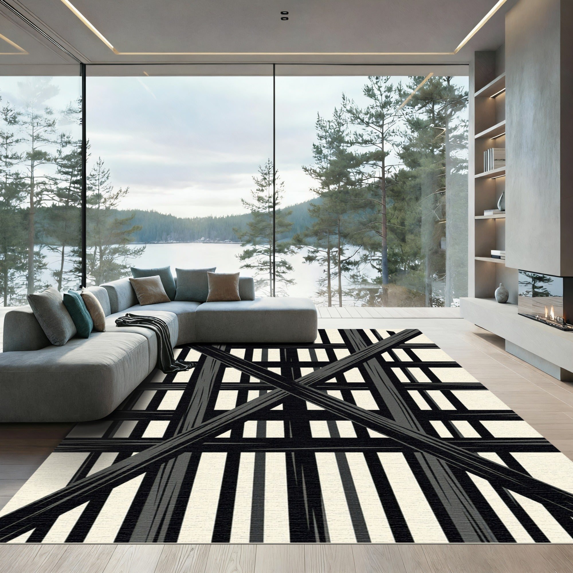 Black Geometric Grate Composition Rug