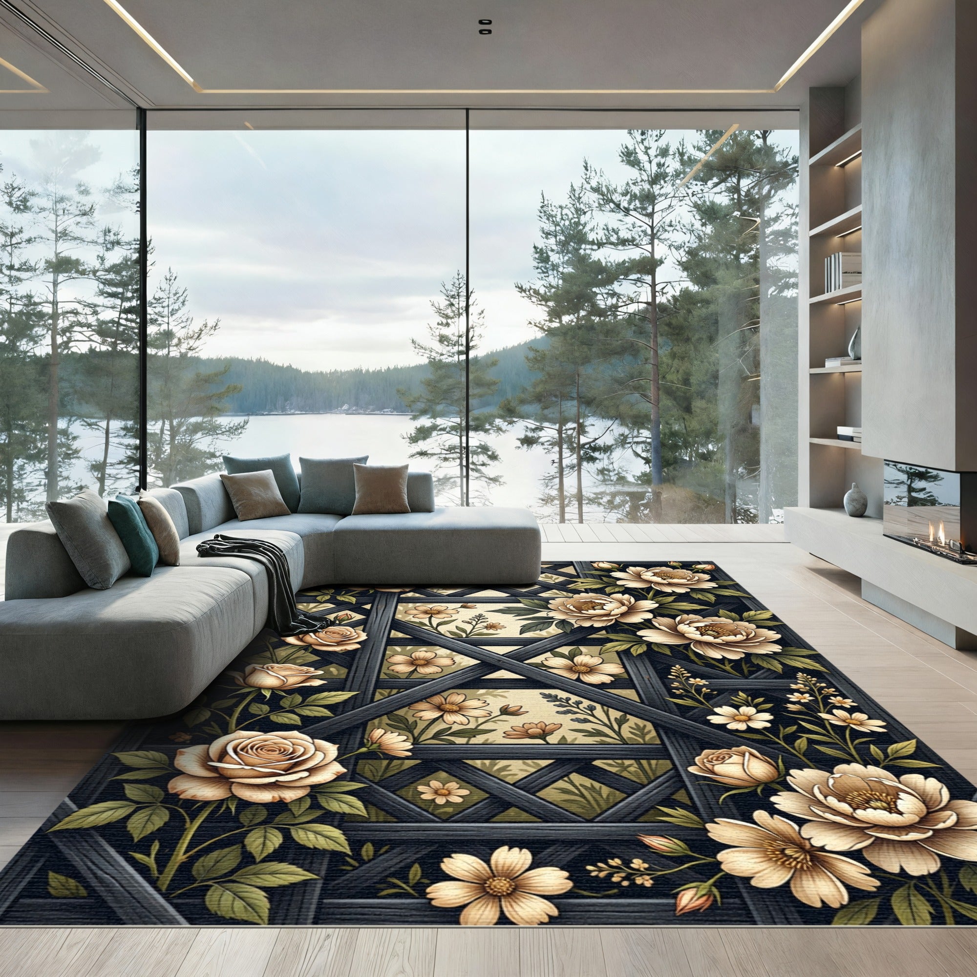 Cream Peony Rose Trellis Lattice Rug