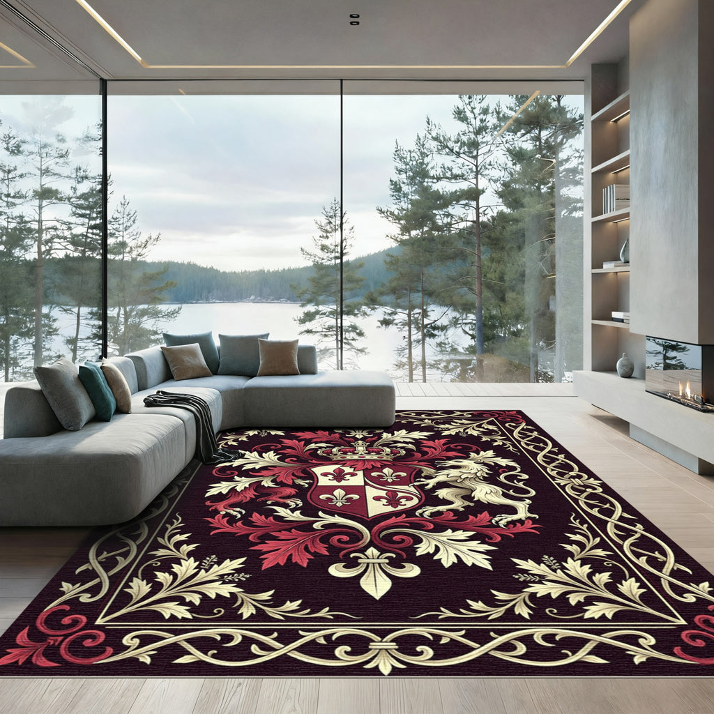 Royal Crimson Fleur-de-lis Heraldic Crest Rug