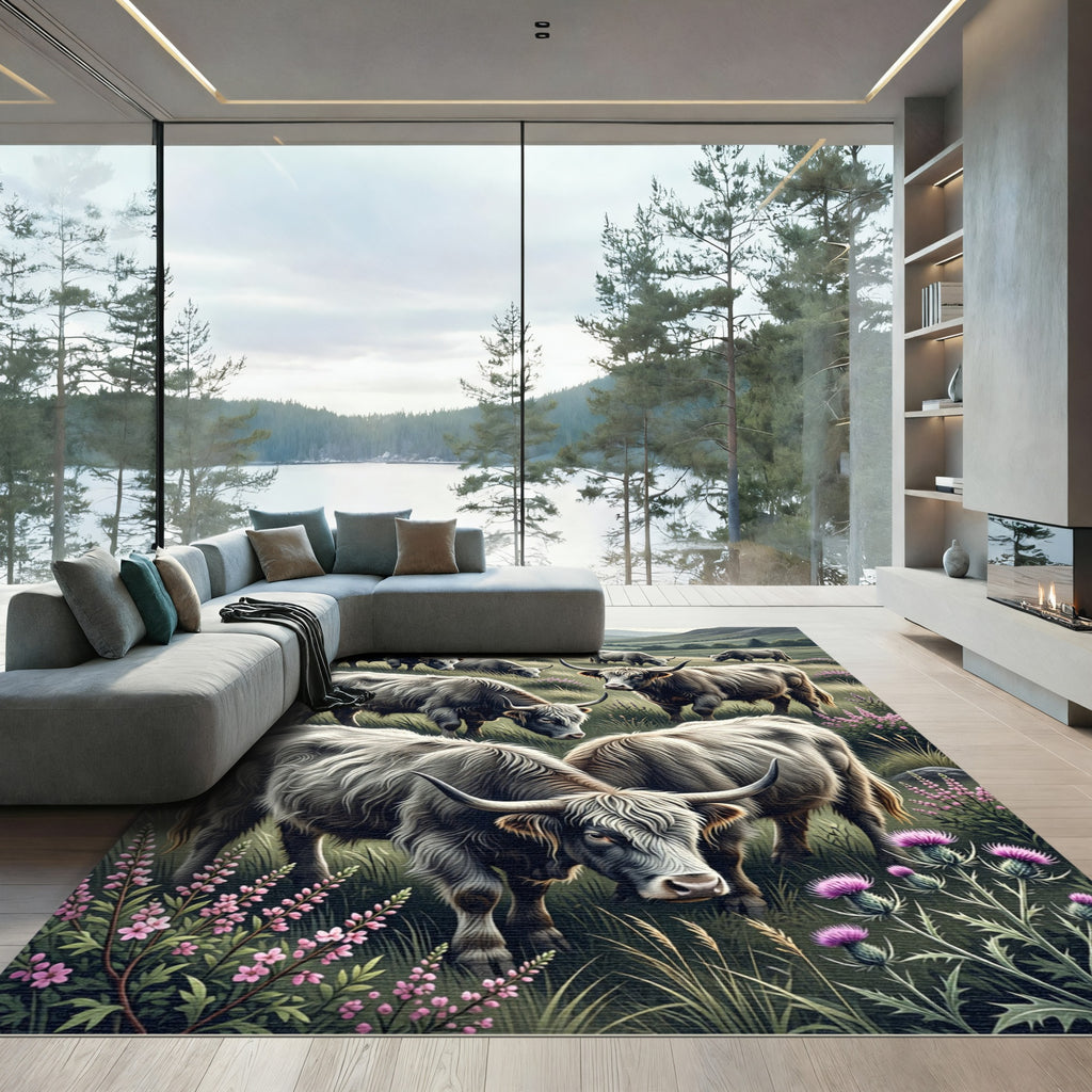 Highland Cattle Meadow Gray Landscape Rug