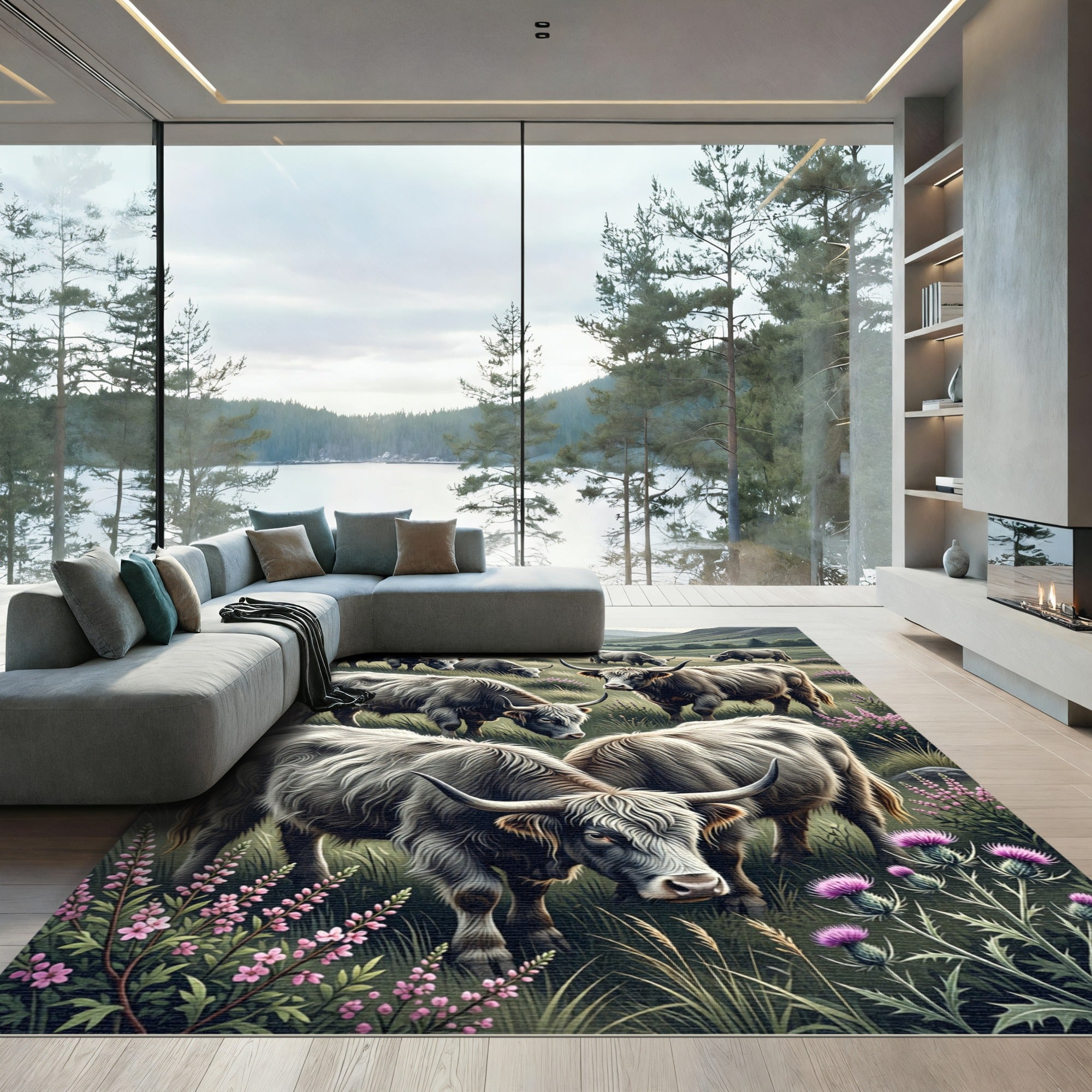 Highland Cattle Meadow Gray Landscape Rug