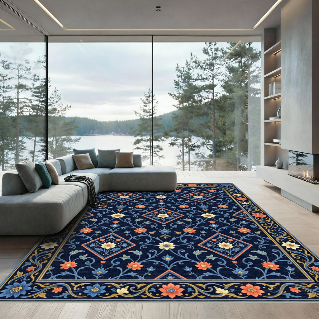 Dark Blue Floral Diamond Medallion Rug