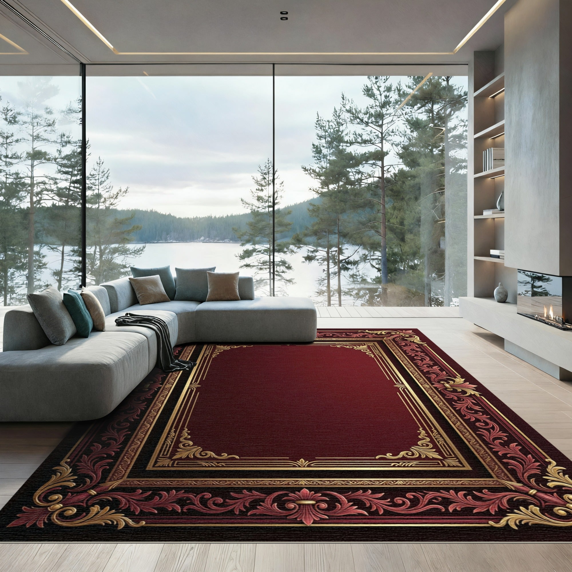 Royal Burgundy Gold Leaf Ornate Frame Rug