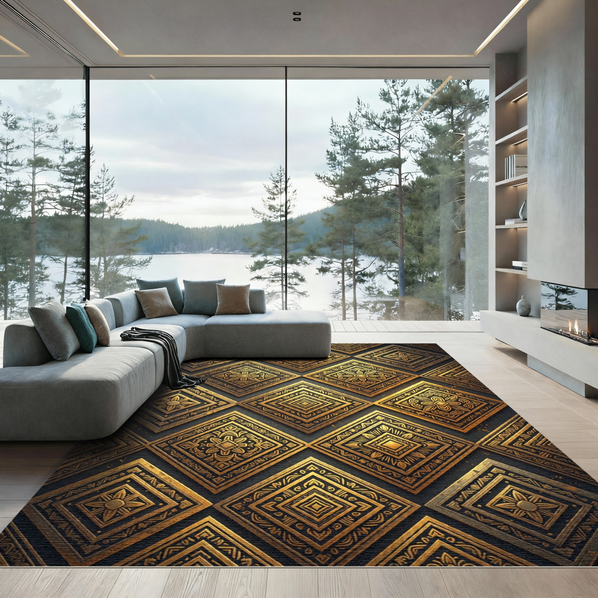 Gilded Metallic Geometric Diamond Tile Rug