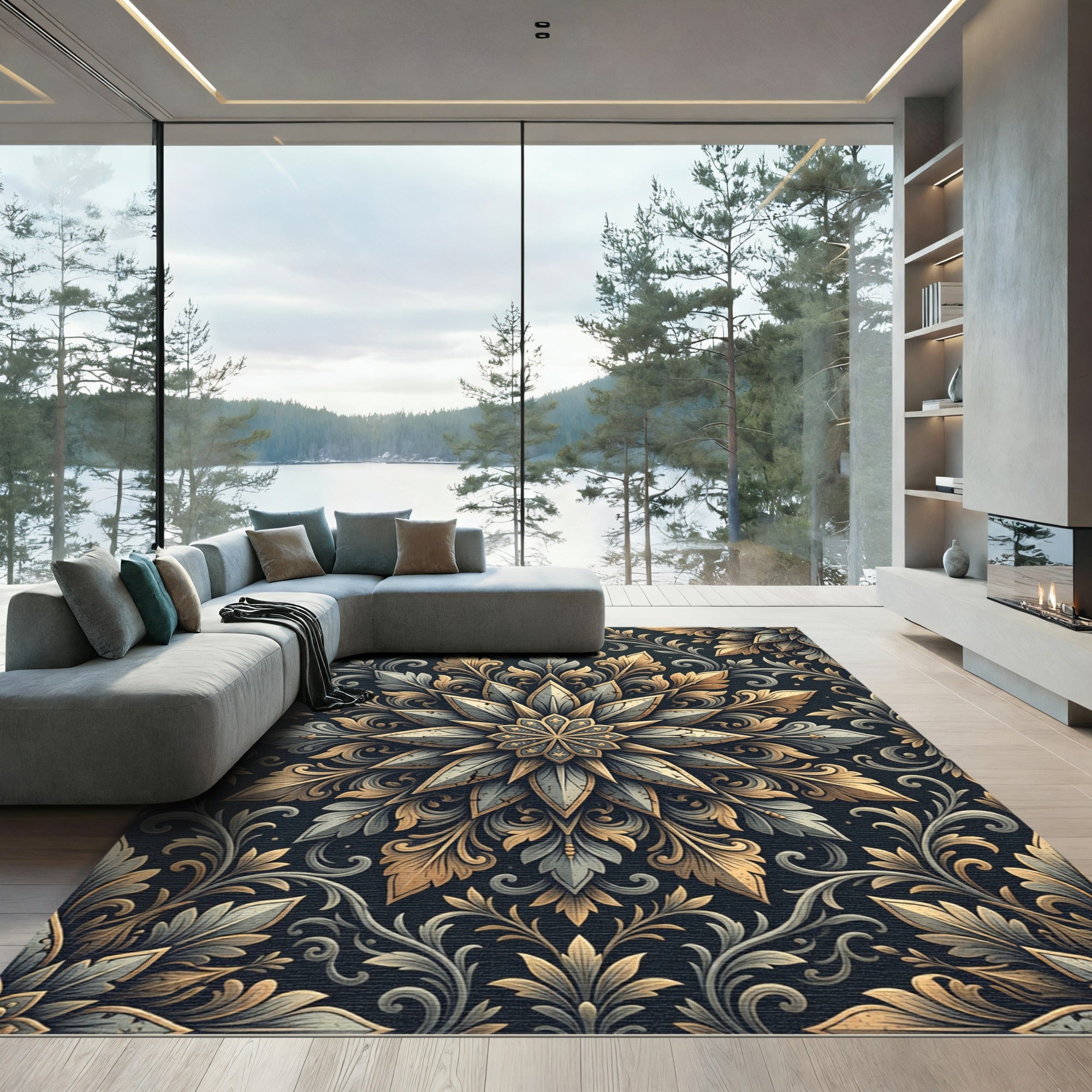 Elegant Gold and Slate Flora Medallion Rug