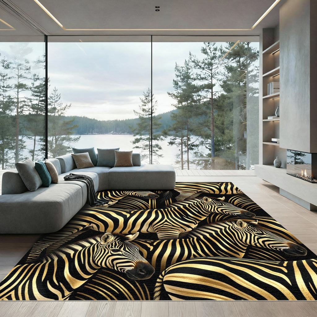 Black Gold Zebra Herd All Over Rug