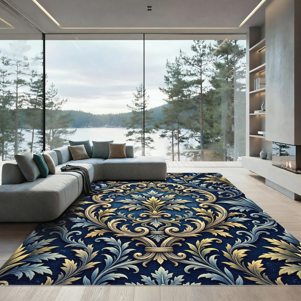 Ornate Golden Blue Floral Arrangement Rug