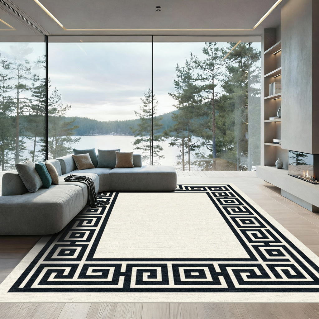 Monochrome Black and Cream Greek Key Rug